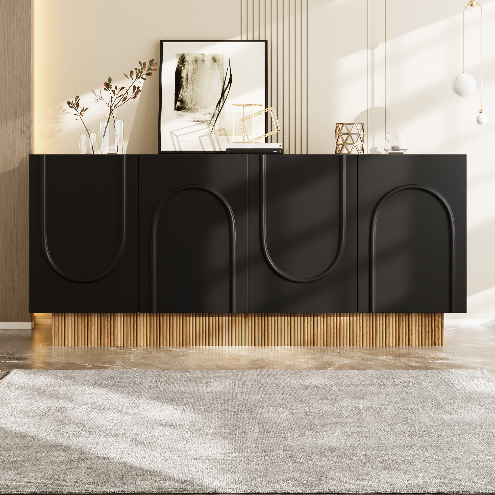 Merax Sideboard mit U-Relief-Design & dekorativer Holzstruktur (1 St., 160×75×38 cm), Kommode mit 4 Türen und großen Innenfächern, Anrichte, Buffetschrank