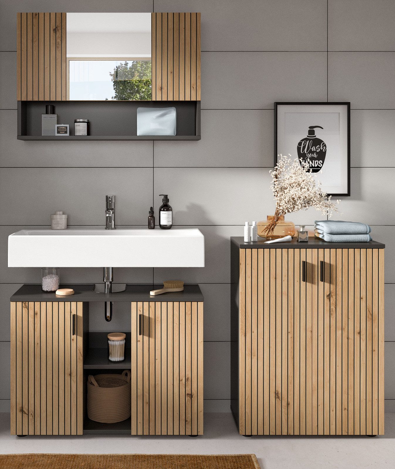 Inn.Furn Badmöbel-Set Livia, (Badezimmer in Eiche Artisan mit Rillen, Set 3 günstig online kaufen