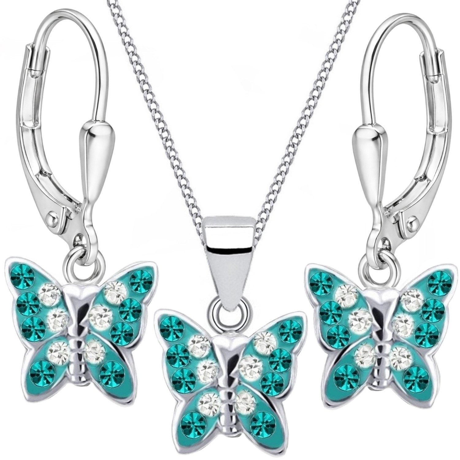 Goldene Hufeisen Schmuckset Kristall Schmetterling Ohrringe Anhänger Kette 925 Silber Set (4-tlg, inkl. Geschenk-Etui), Geschenkset