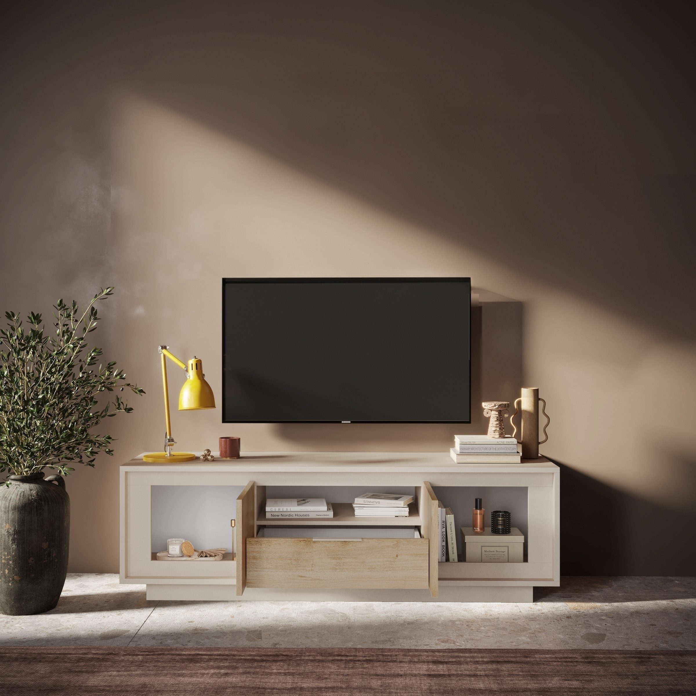 freiraum Lowboard Siena, 2 Türen, 1 Schub, Weiss Lack matt, Cadizeiche Dekor - 180x58x50 BxHxT