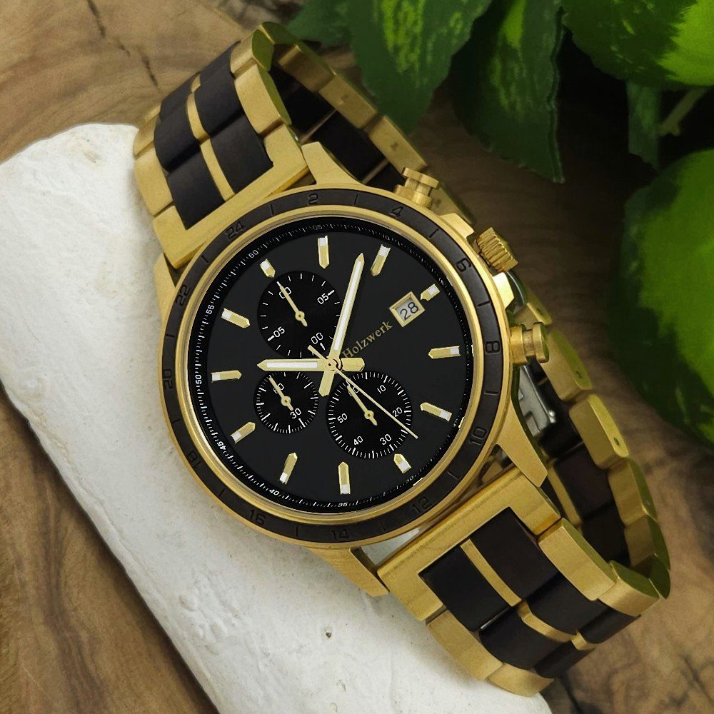 & Herren schwarz Holzwerk Armband Edelstahl NAGOLD Uhr, Holz Chronograph gold,