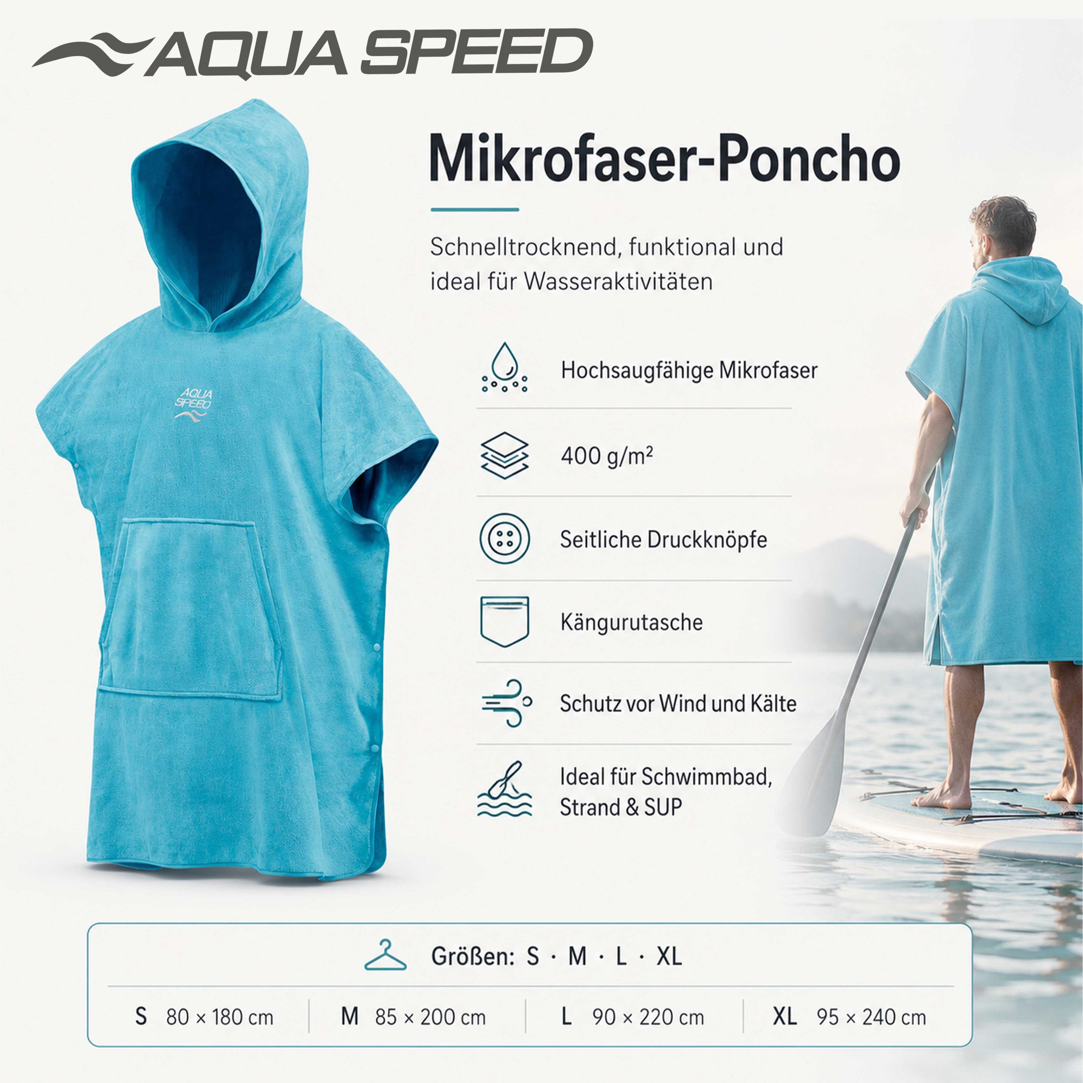 Aqua Speed Kapuzenhandtuch Leichter Umziehponcho für Strand, Schwimmbad und Freizeit, (Größe M 85 x 200 cm – Grammatur 400 g/m), Wohlfühlkomfort für Strandtage, Schwimmbadbesuche und Training