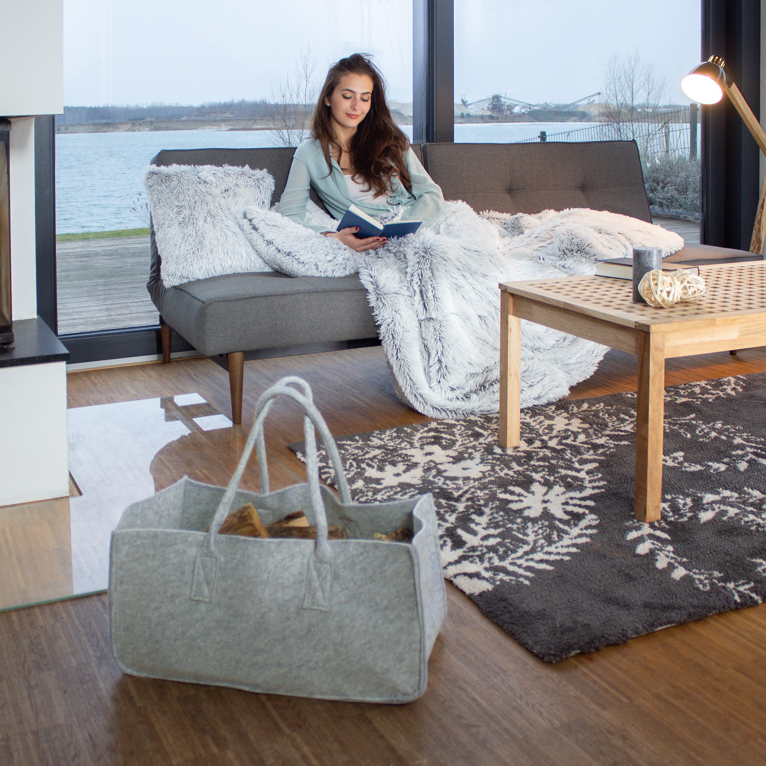 relaxdays Holztragetasche Kaminholztasche aus Filz, Grau günstig online kaufen
