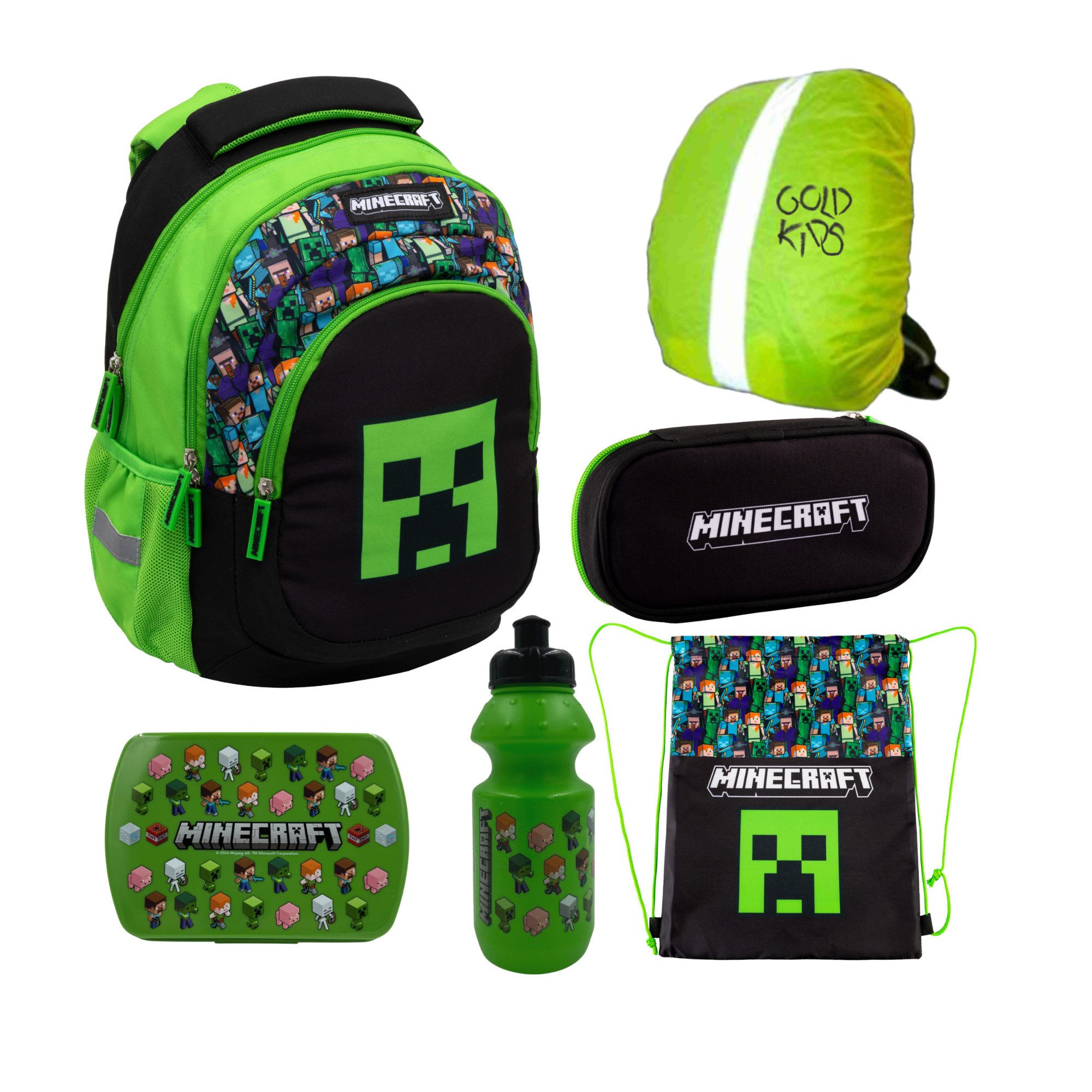 GOLDKIDS Ранцы für Jungen und Mädchen, 6er-Set - (Schul-Rucksack für Kinder mit Schlampermäppchen, 1-tlg., - Trinkflasche und Brotdose -Regenschutz), - Minecraft Motiv