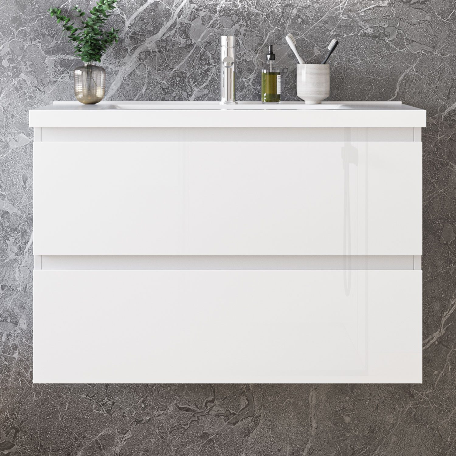 Thumbnail - duschspa Waschtisch Badmöbel Set Waschbecken mit Unterschrank MDF, Hochglanz, Softclose, mit Überlauf