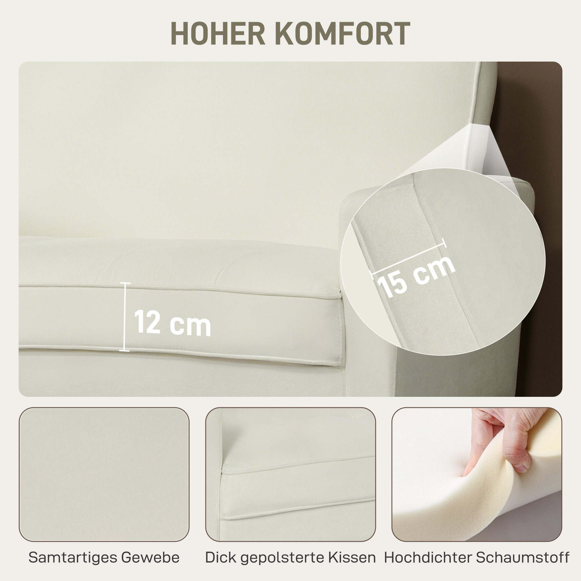 HOMCOM 2-Sitzer Sofa 130 cm Kleine Couch Polstersofa mit Armlehne, Samtoptik, Loungesofa 1 Teile, für Wohnzimmer, Schlafzimmer, Kleinen Raum, Cremeweiß – Bild 4 von 5