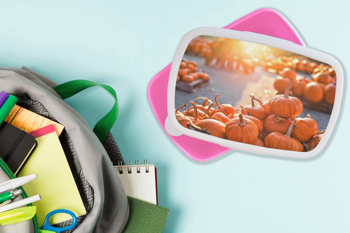 MuchoWow Lunchbox Kürbis - Herbst Brotbox rosa Brotdose Snackbox, Kunststoff Kunststoff, für Erwachsene, - Mädchen, Laub, Kinder, (2-tlg)