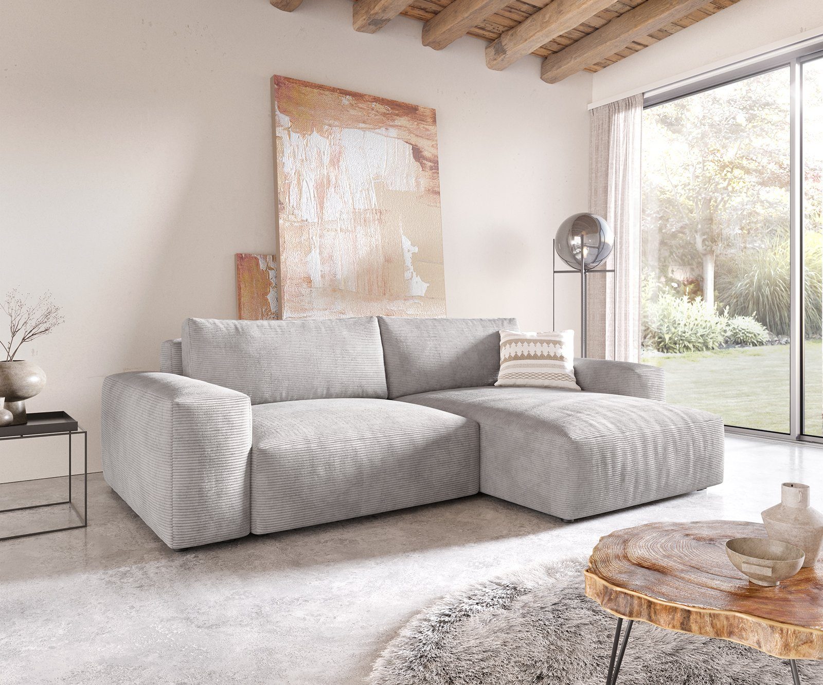 DELIFE Ecksofa Lanzo, XL Cord Silbergrau 270x180 cm Recamiere variabel