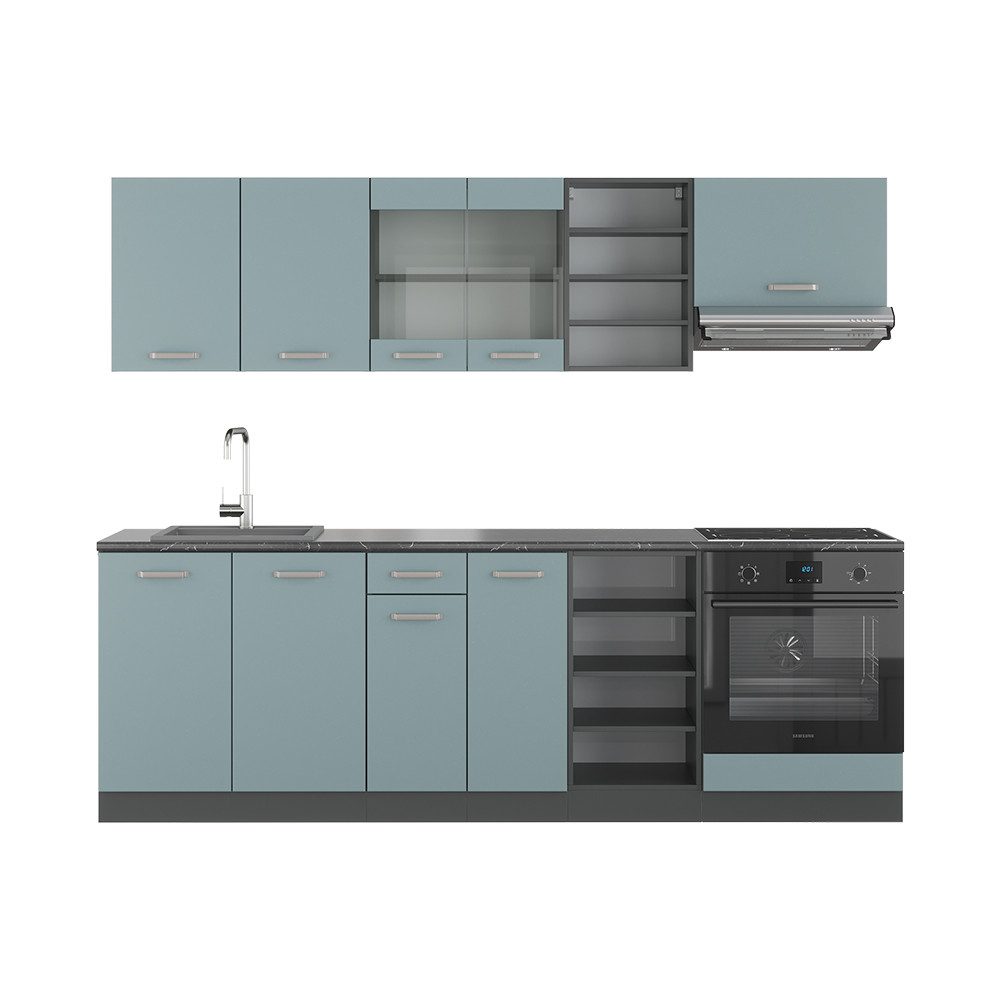 Vicco Küchenzeile R-Line, Blau-Grau/Anthrazit, 240 cm, AP Marmor