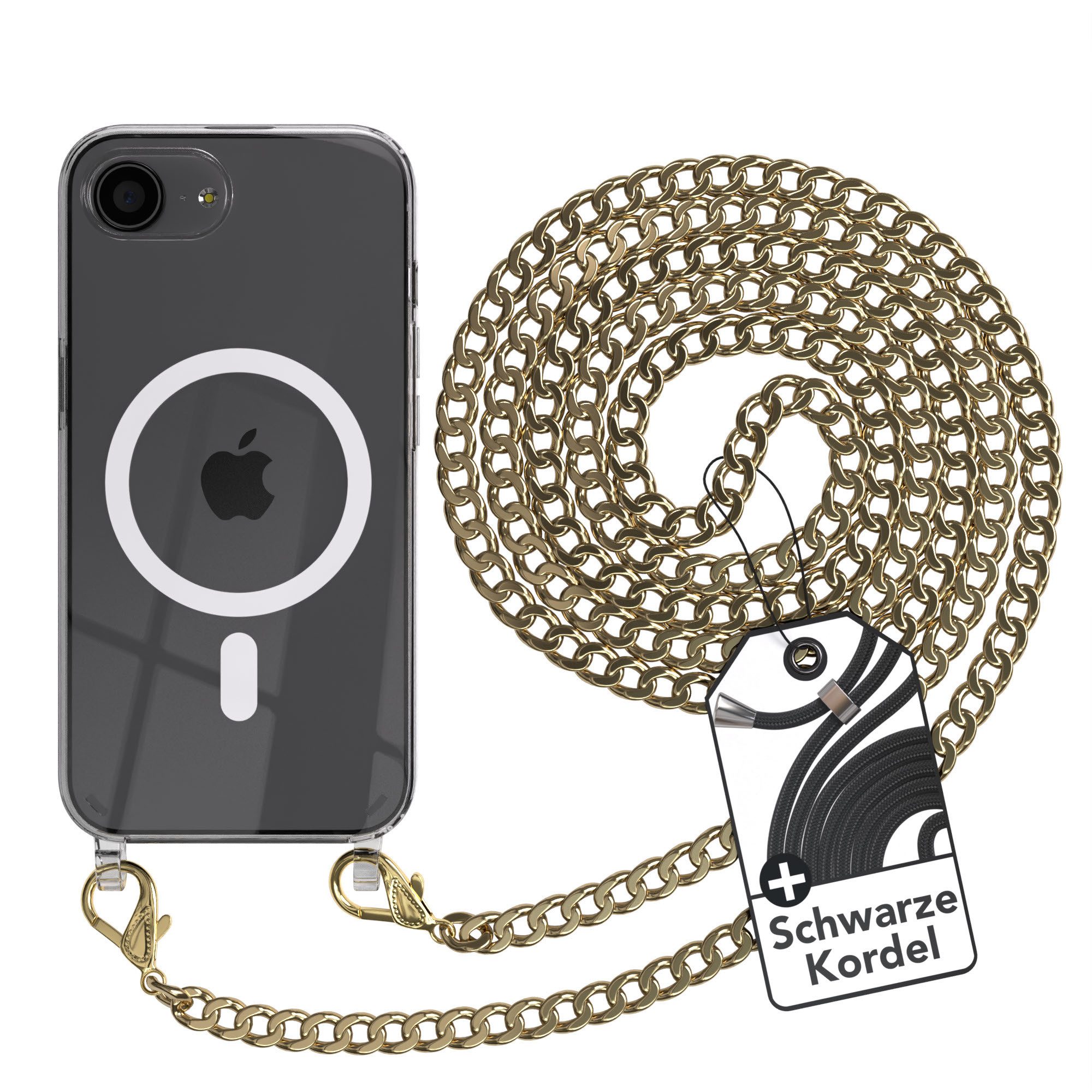 EAZY CASE Handykette Apple iPhone 16e Case Chain MagSafe Set Eyelets Metall + Chain MagSafe 6,1 Zoll, Handyhülle Transparent Smartphonekette für Unterwegs Necklace in Gold