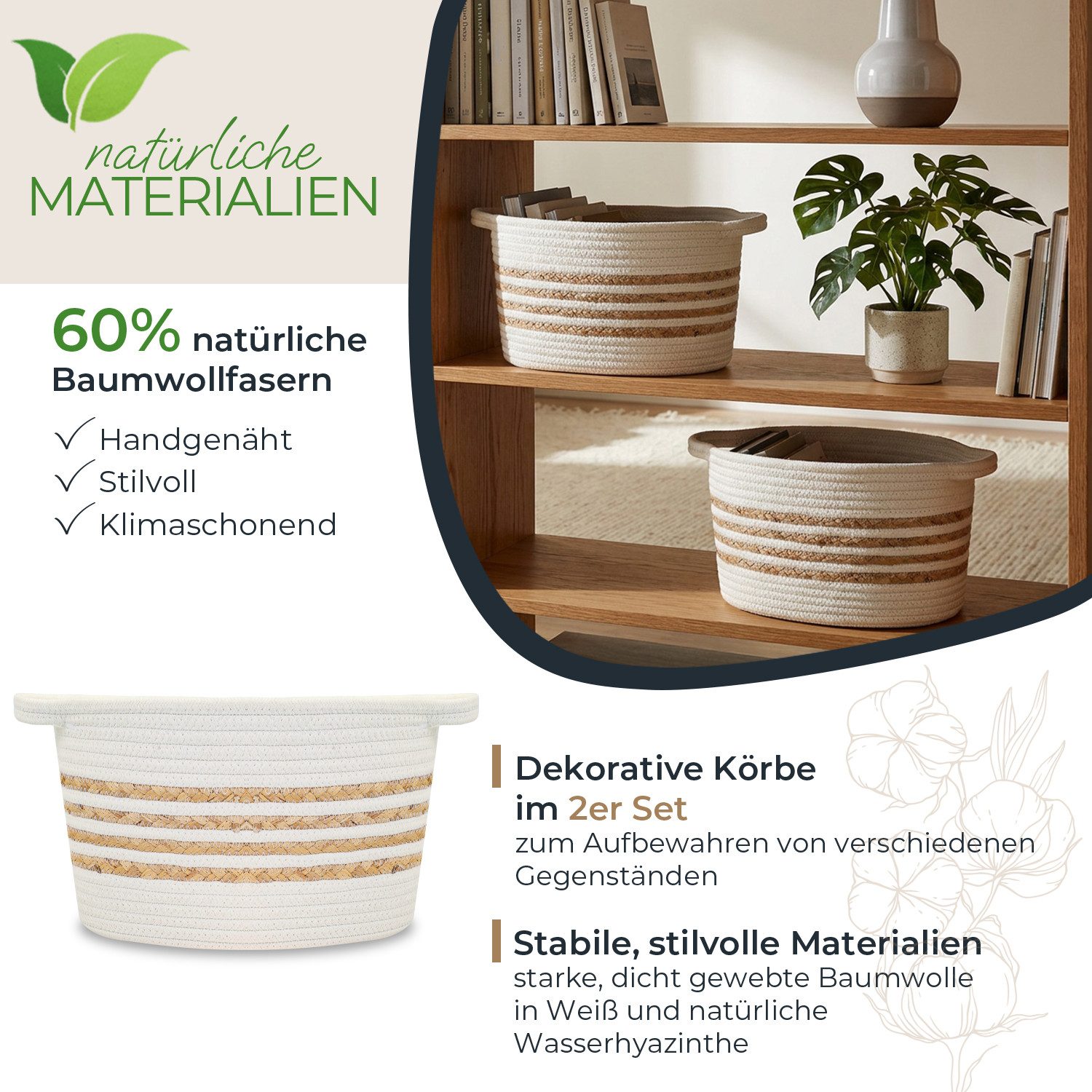 HMF Aufbewahrungskorb Aufbewahrungskorb mit Griffen, ovaler Korb aus Baumwolle und (2er-Set), Wasserhyazinthe für Badezimmer Esszimmer & Wohnbereich 30 x 22 x 19 cm