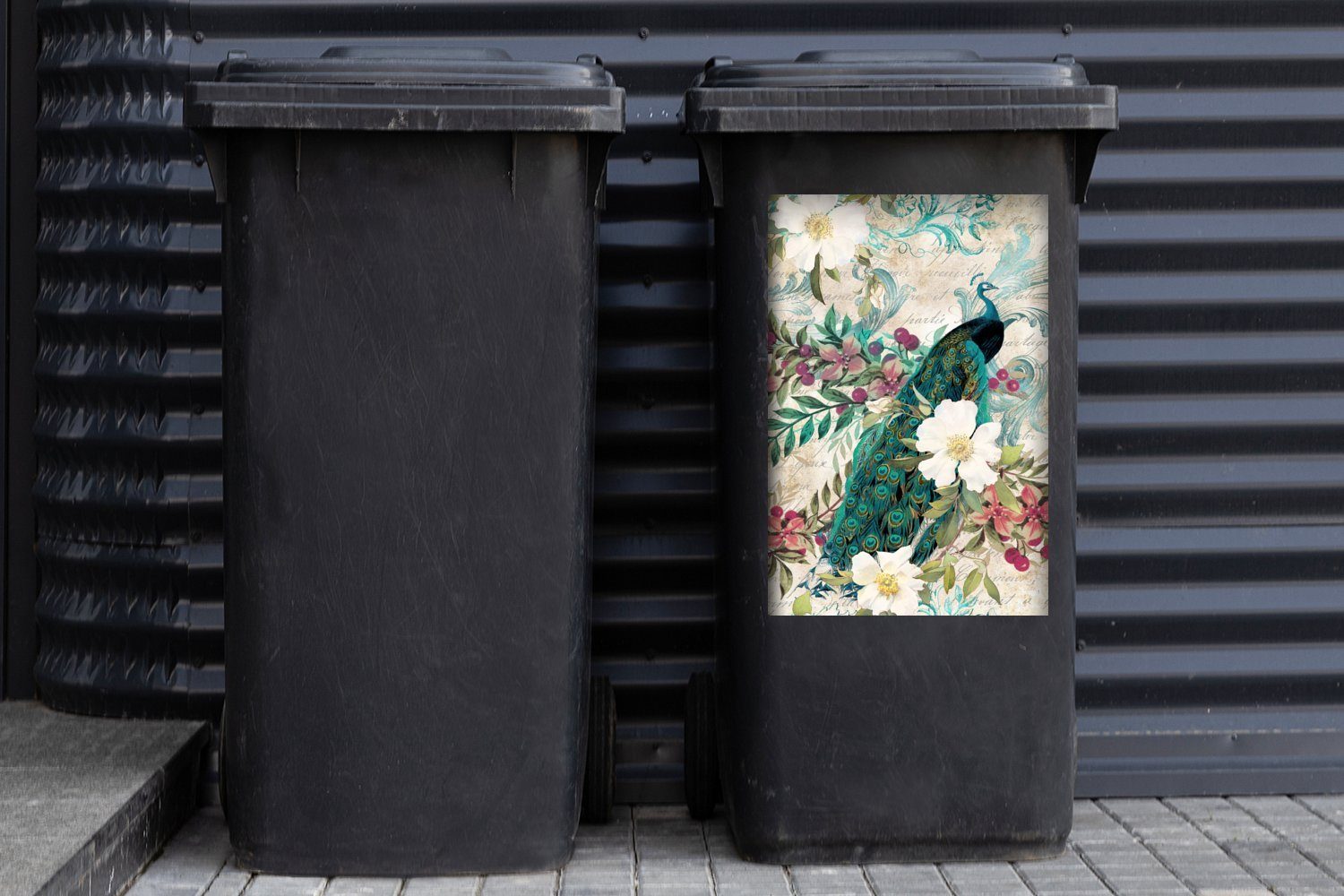 MuchoWow Wandsticker Kunst Pfau Blumen Mülleimer-aufkleber, Abfalbehälter St), (1 Sticker, Mülltonne, - - Container