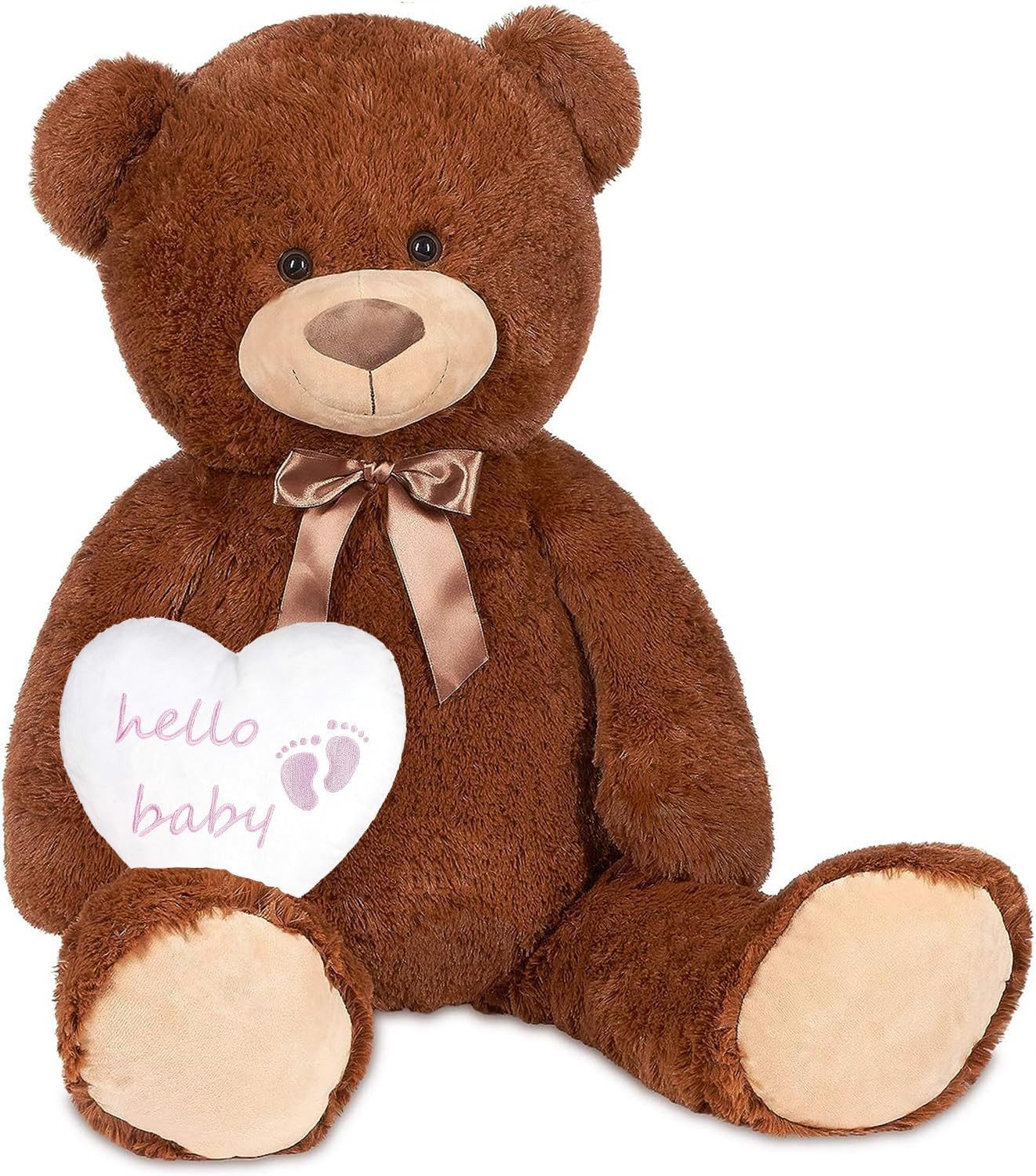 BRUBAKER Kuscheltier XXL Teddybär Braun 100 cm mit Hello Baby Herz (1-St., Stofftier Plüschtier mit Schleife), Kuscheltier Geschenk für Geburt, Babyparty, Gender Reveal