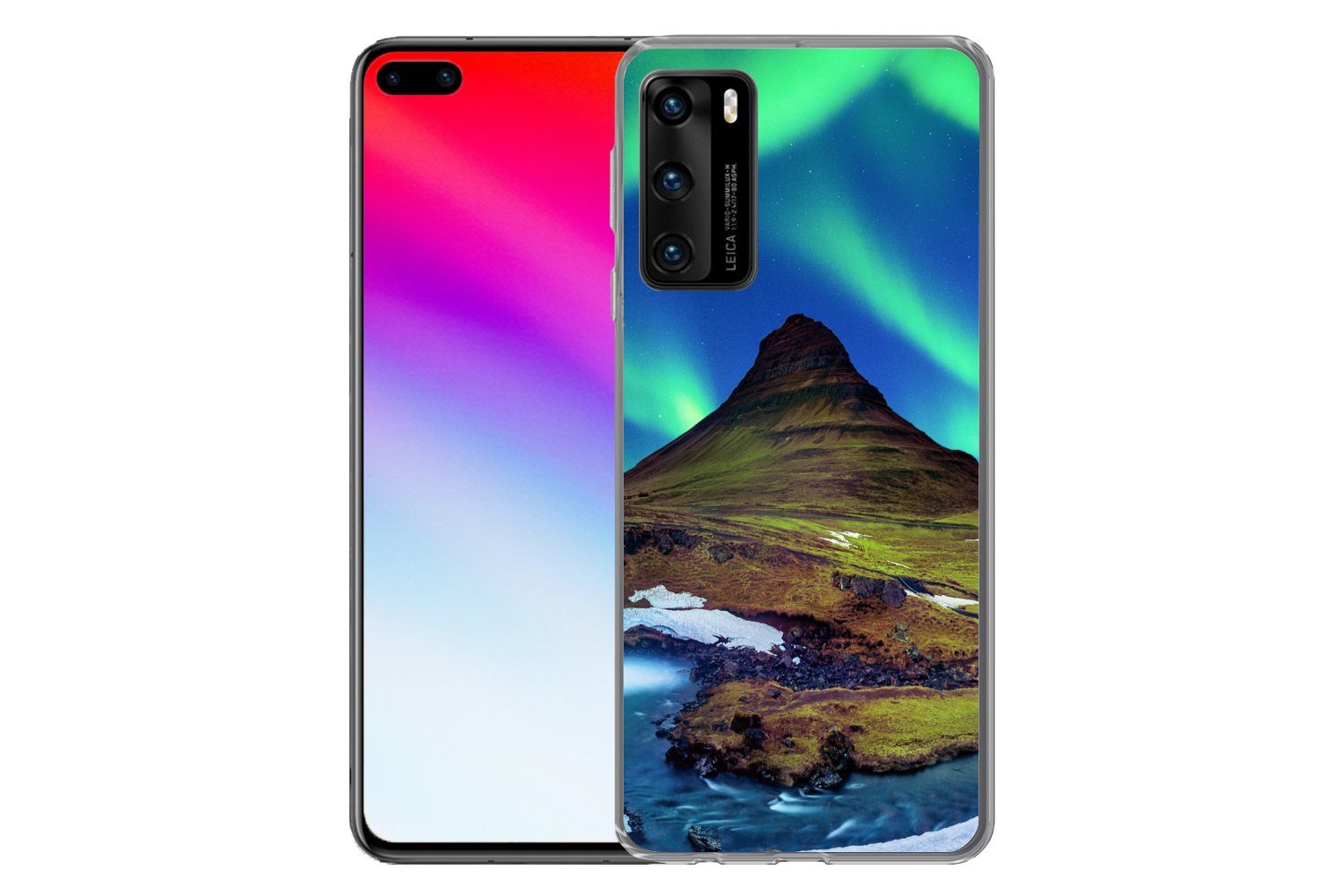 MuchoWow Handyhülle für Huawei P40 Nordlicht - Sternenhimmel - Island - Berg - Grün - Wass, Handy Case, Silikon, Bumper Case Dünn