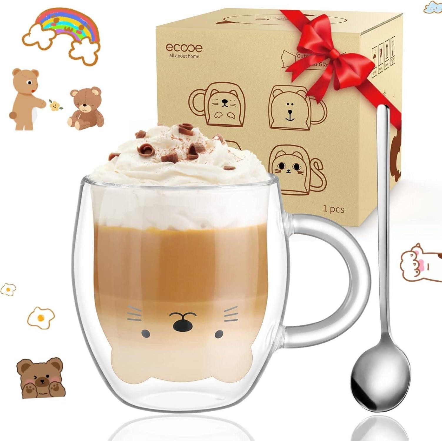 LuxusKollektion Latte-Macchiato-Glas Doppelwandige Süße Katze Стекло 290ml für Kaffee Tee Geschenke