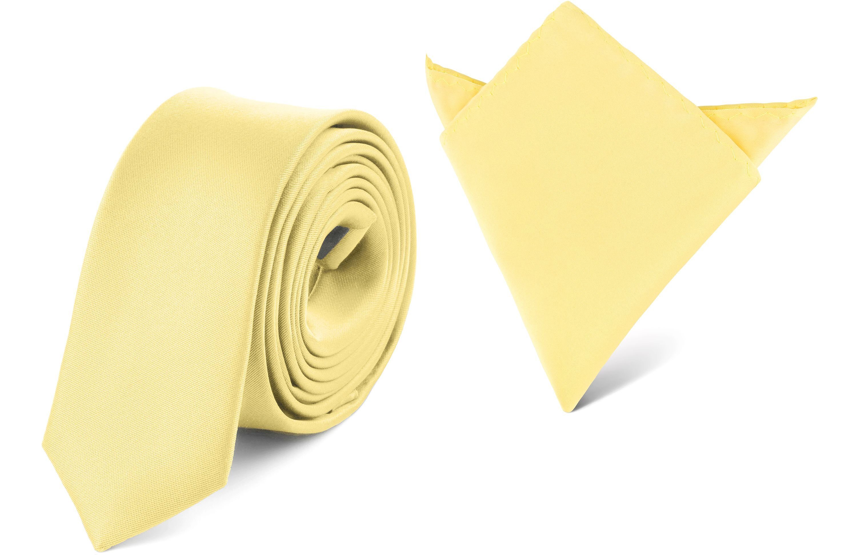Ladeheid Krawatte Herren Schmale Krawatte & Einstecktuch Set SP/P (150cm x 5cm, 22cm x 22cm) (Set, 1-St., mit Einstecktuch) Kanarienvogel gelb