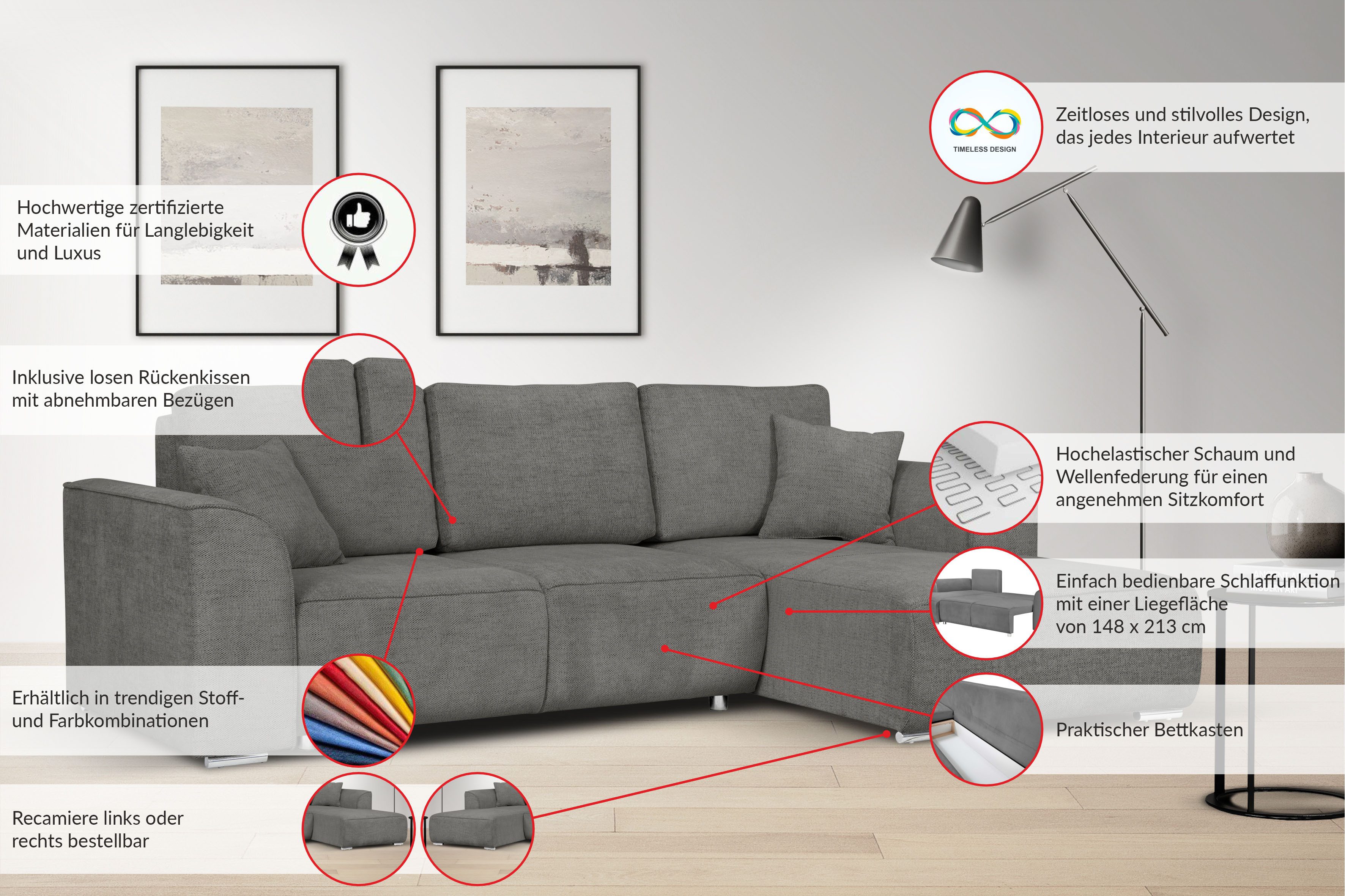 OTTO home Ecksofa BEATRICE optionale Schlafsofa mit Bettkasten, B/T/H: 265/170/86 cm, L-Form, wahlweise auch mit Bettfunktion und Bettkasten