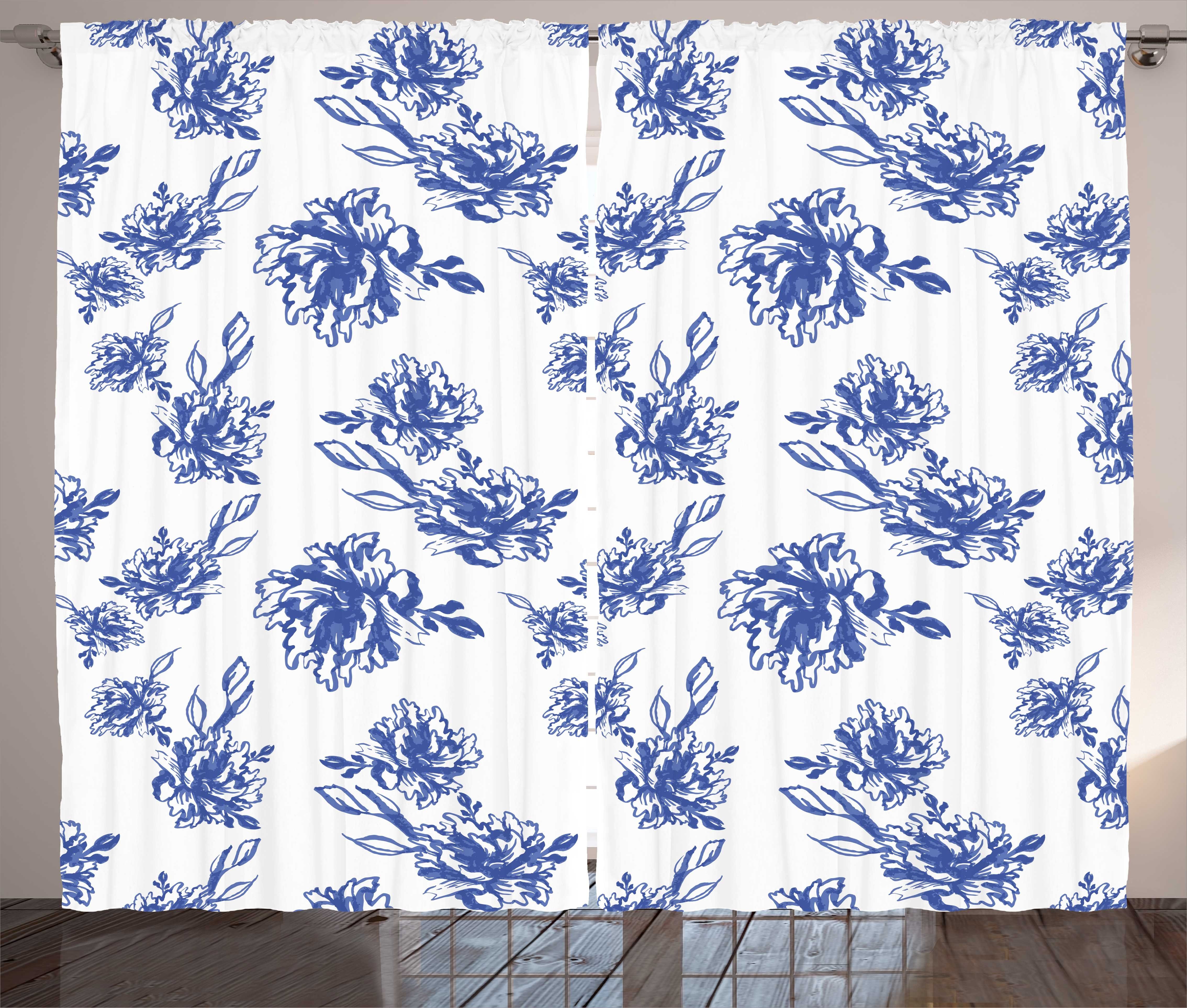 Blaue Blumen Schlaufen Abakuhaus, und Pfingstrosen-Blüten-Kunst Kräuselband Vorhang mit Haken, Schlafzimmer Gardine