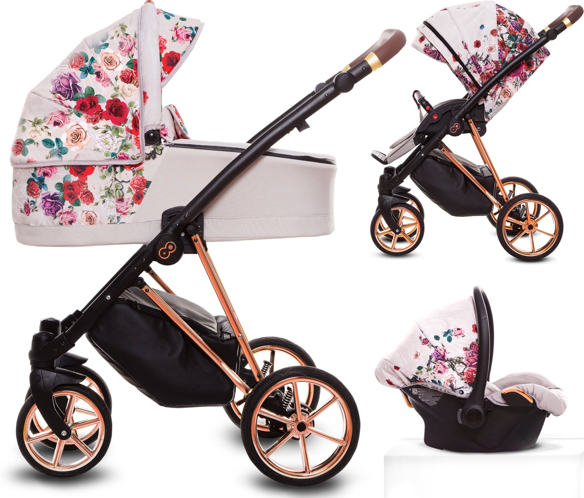 TPFLiving Kombi-Kinderwagen 3 in 1 Musse Light Rose, Baby Buggy Babywanne Autositz Windeltasche, Moskitonetz Regenschutz Kinderwagen Komplettset Gestell Rose Gold Gestell Roségold