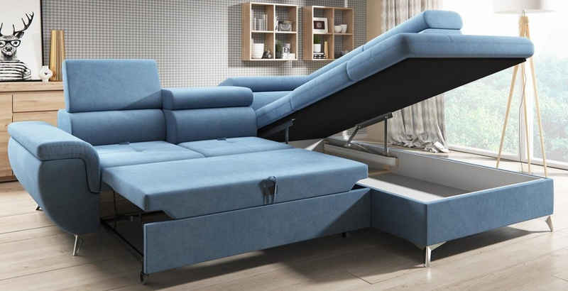Sofa Dreams Ecksofa Bochum L, Strukturstoff, blau, mit Bettfunktion, mit Bettkasten