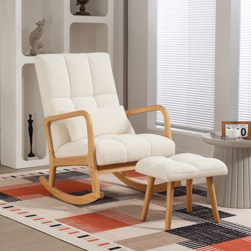 OKWISH Schaukelsessel 82x99x64,5 cm, mit Schaukelgestell und Hocker, Fleece-Bezug (Gepolsterter Relaxsessel mit Armlehnen & hoher Rückenlehne, 2-St., Relaxsessel inkl. Hocker), Holzkufen, ideal für Wohn- & Schlafzimmer, gemütlicher Schwingsessel