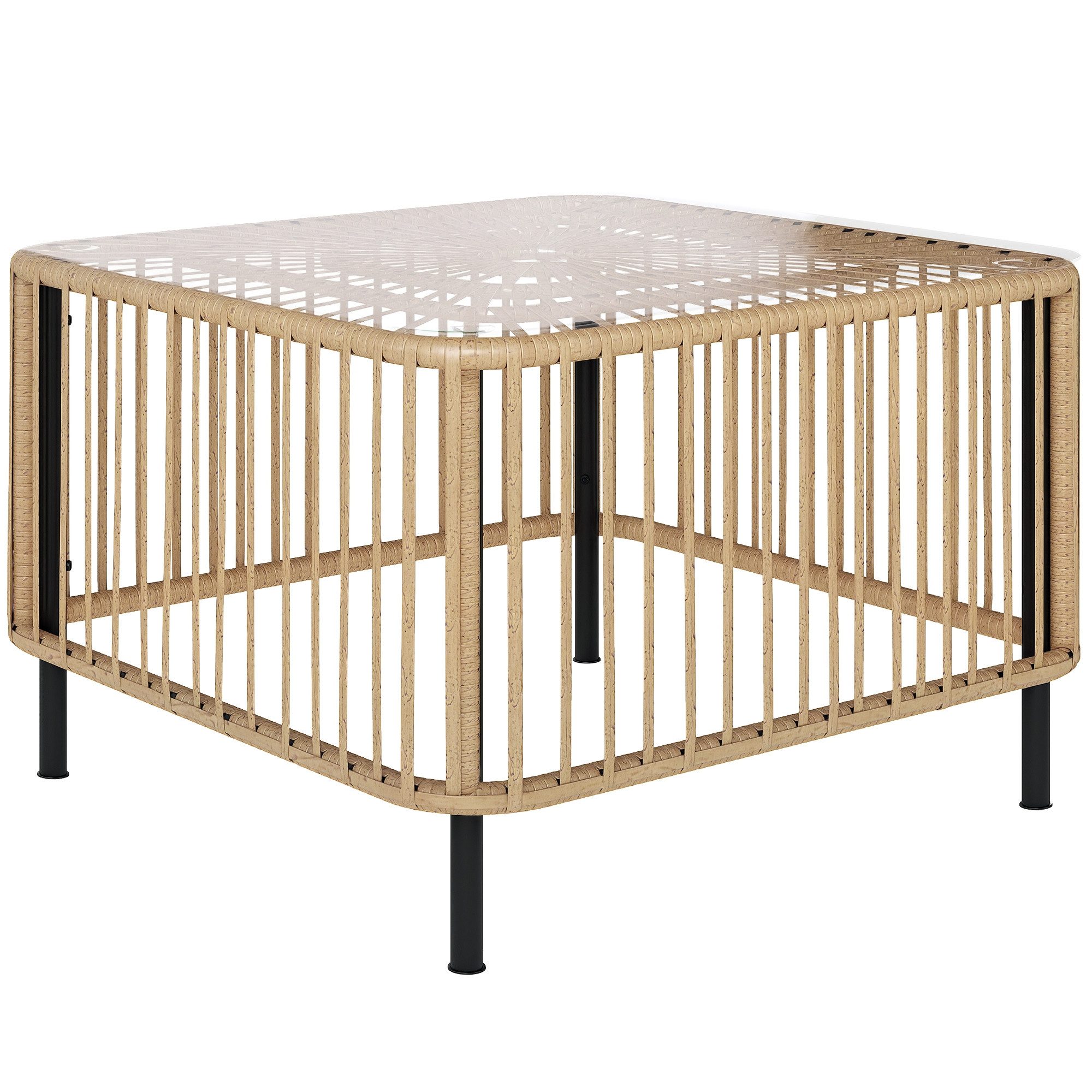 Outsunny Gartentisch aus Polyrattan, mit Glasplatte (quadrarischer Terrassentisch, 1-St., wetterfest Beistelltisch), 65 x 65 x 43 cm, für Garten, Terrasse, Balkon Naturholz