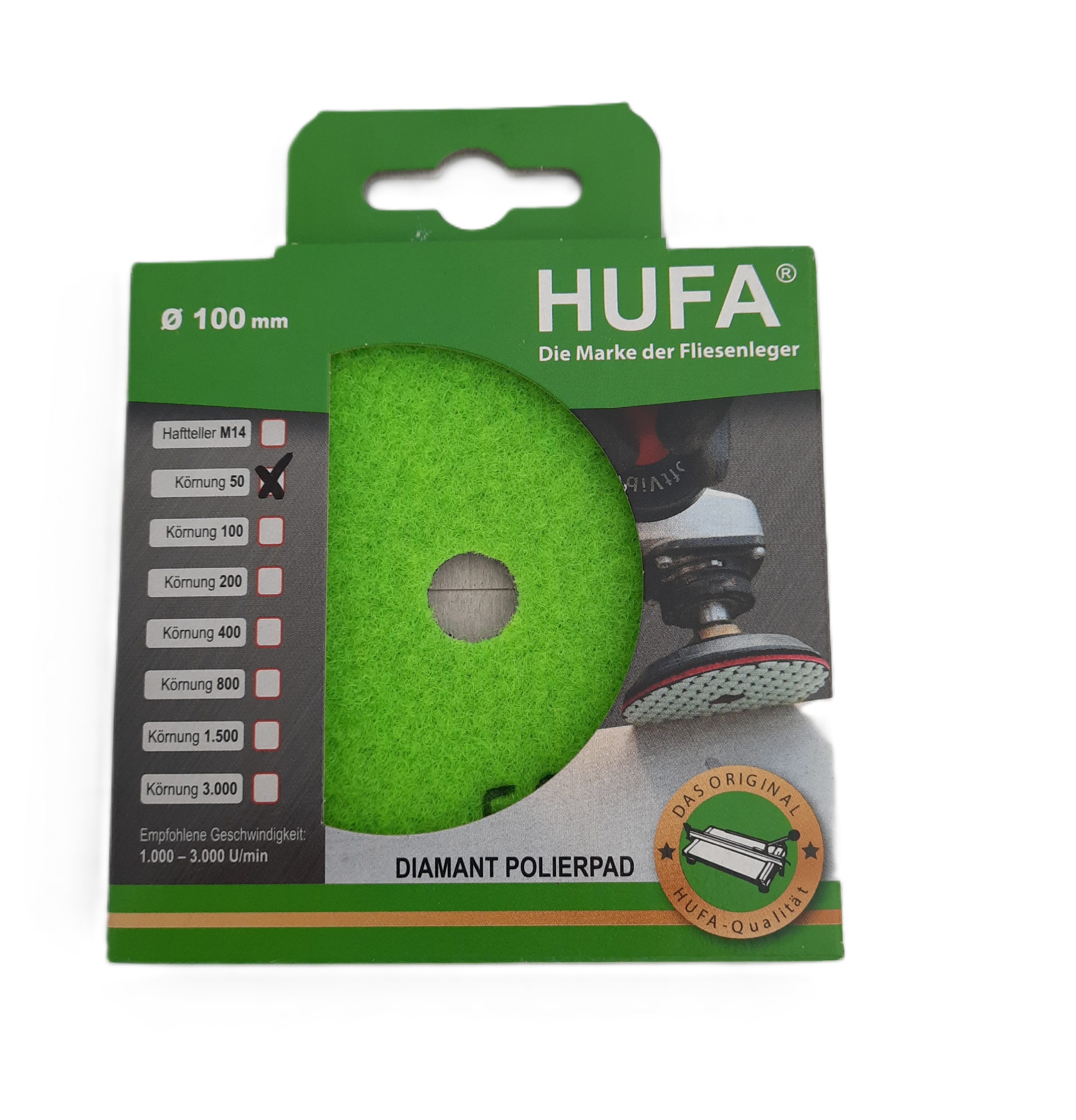 Hufa Polierscheibe Hufa Fliesen Naturstein Diamant Klett Polierpad Ø 100mm Korn 50, extreme Standzeit und ein sauberes Schliffbild