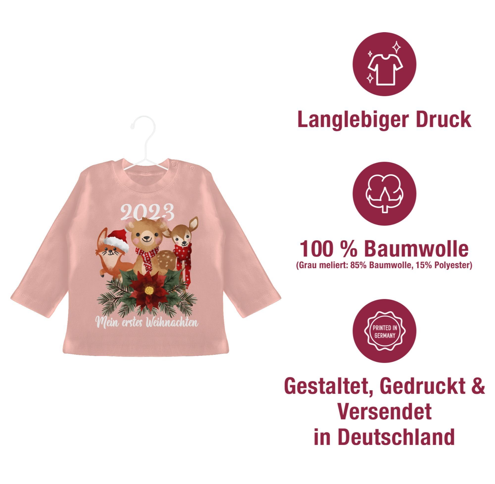 Mein Kleidung - Weihnachten 1 Babyrosa Shirtracer 2023 erstes weiß süßen Weihnachten T-Shirt mit Tieren Baby