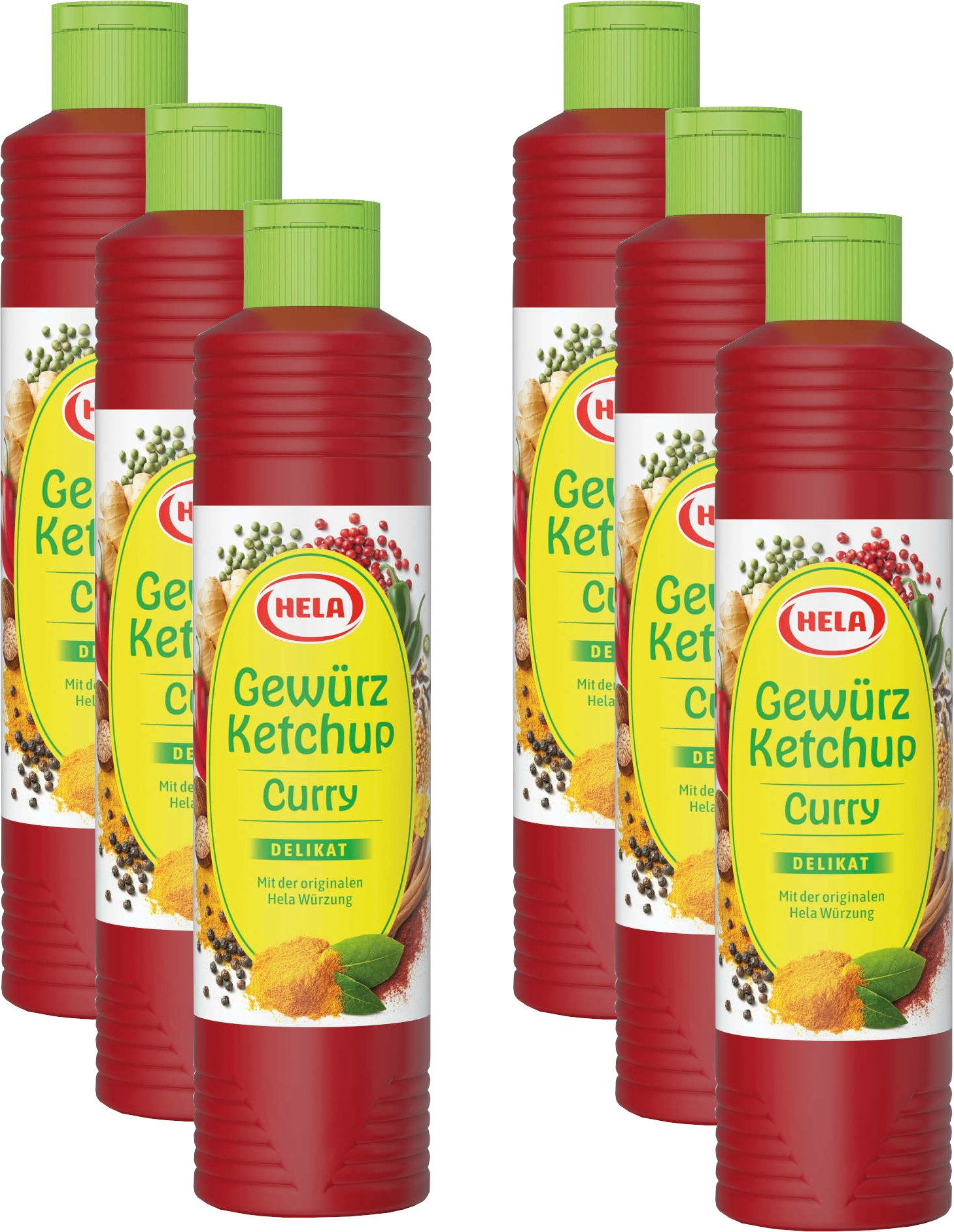 HELA Grillsauce 6 x Ketchup Curry delikat Gewürzketchup 800 ml Flasche Ketchupflasche, 0.8 l, 800 ml