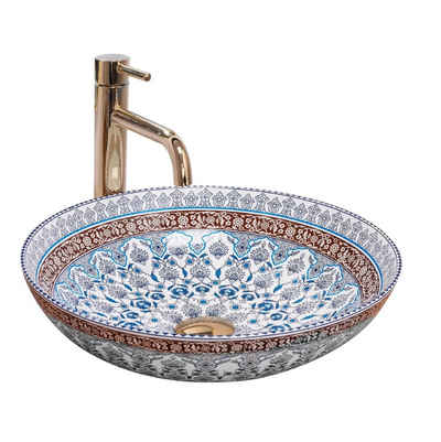 wohnwerk.idee Aufsatzwaschbecken Waschbecken Bunt Braun Blau Vintage Mexikanisch Ornamente Arte