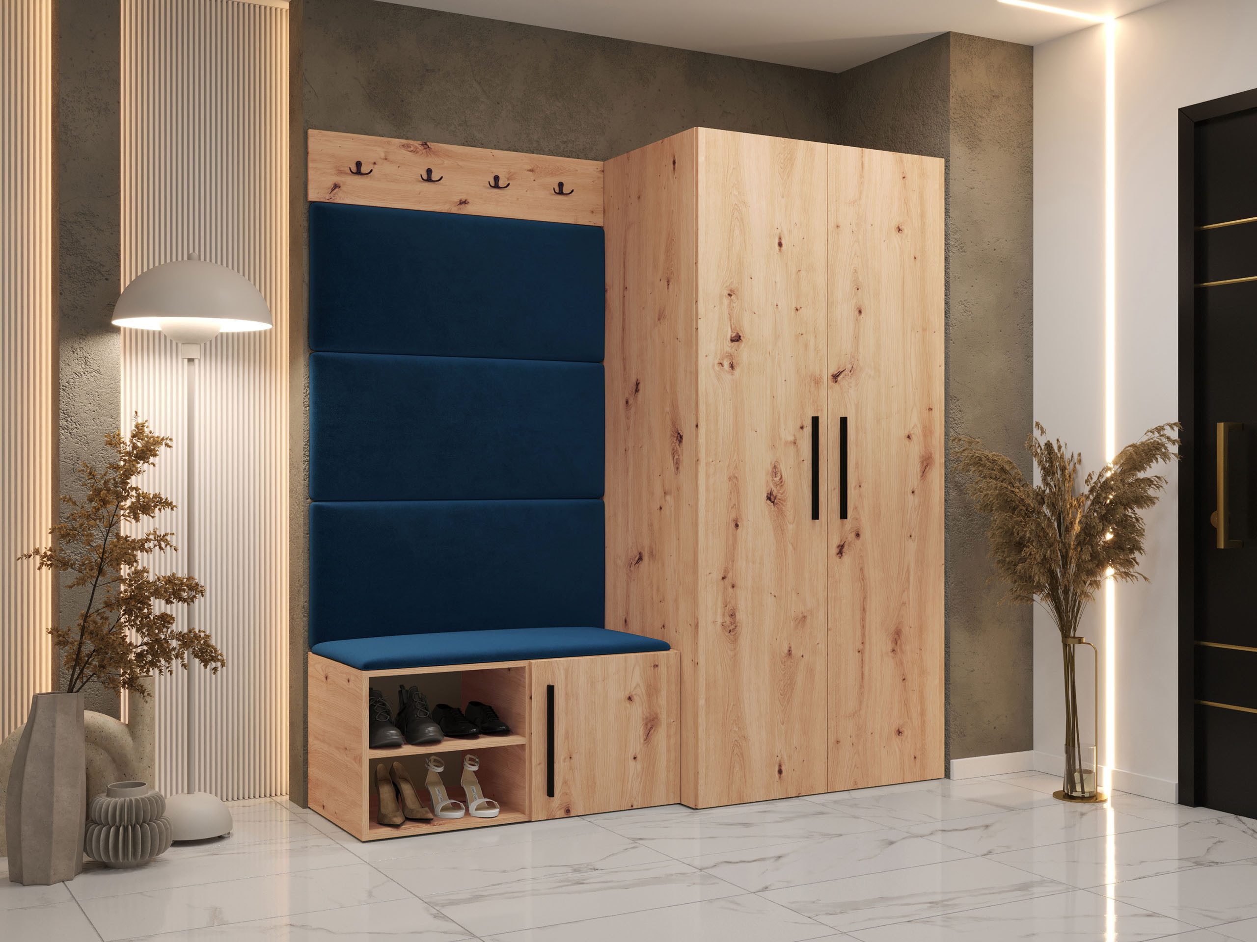 MIRJAN24 Garderoben-Set Medi I, (Drehtürenschrank, Schuhschrank, 4x Paneel 84x42), Kleiderstange, 4 Kleiderhaken für Kleidung