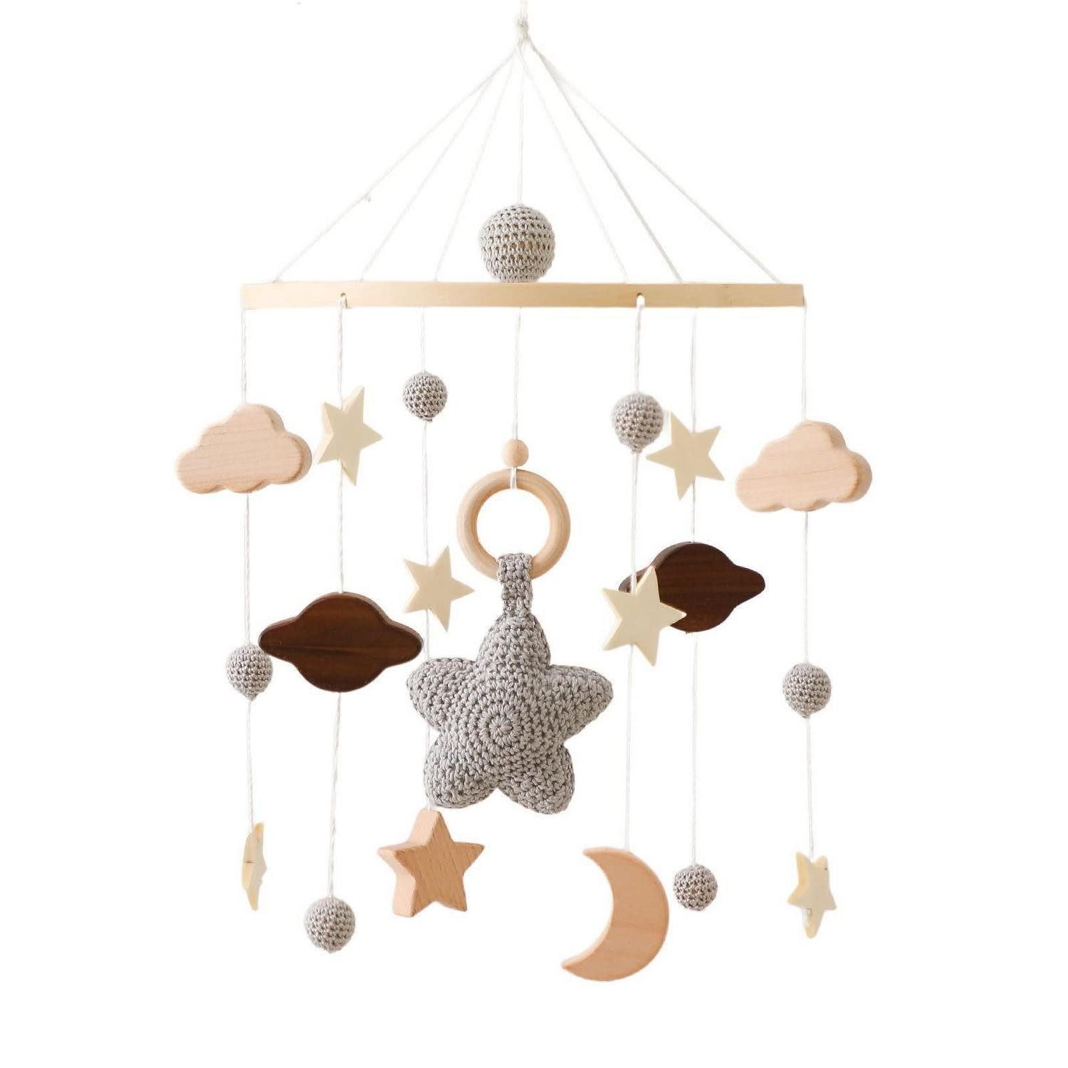 LuxusKollektion Mobile Babybett Mobile Holz Windspiel Filzbälle Wolken Rassel Grau