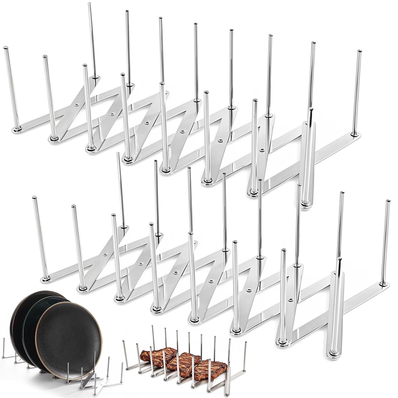 SURFOU Geschirrständer 2er-Set Deckelhalter & Rippchenständer aus Edelstahl – ausziehbar, Zubehör für Verstellbare Topfdeckelhalter & Tellerhalter– ausziehbar bis 84 cm, multifunktional als Dampfgarständer, Geschirrablage oder BBQ-Zubehör, Rostbeständig,