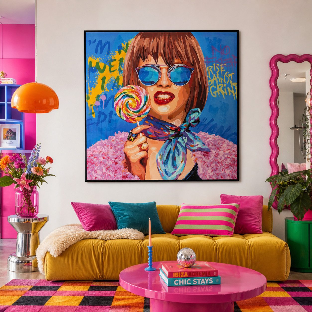 MF Leinwandbild Urban Chic Lollipop Muse Graffiti Frau 100x100 cm handbemalt, (1 St)