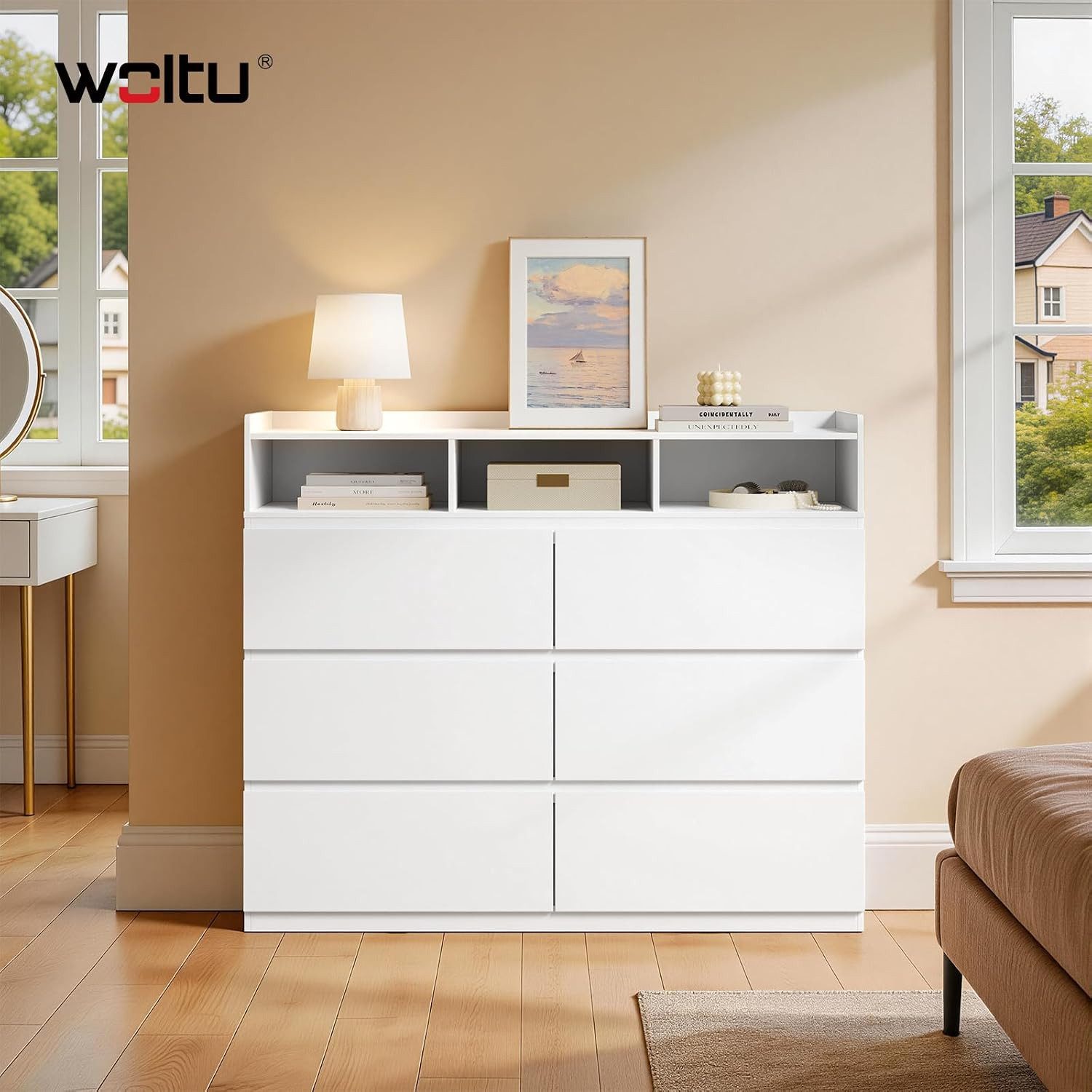 Woltu Kommode (2 St), mit 6 Schubladen und 3 offenen Fächern, 120x40x100 cm