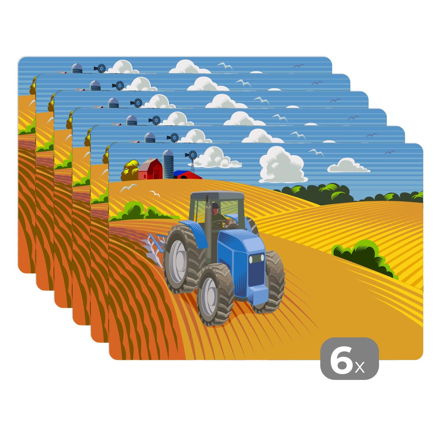 Platzset, - MuchoWow, Landwirt Platzdecken, Platzset, Schmutzabweisend (6-St), - Traktor Wolken, Platzmatte, Tischmatten,