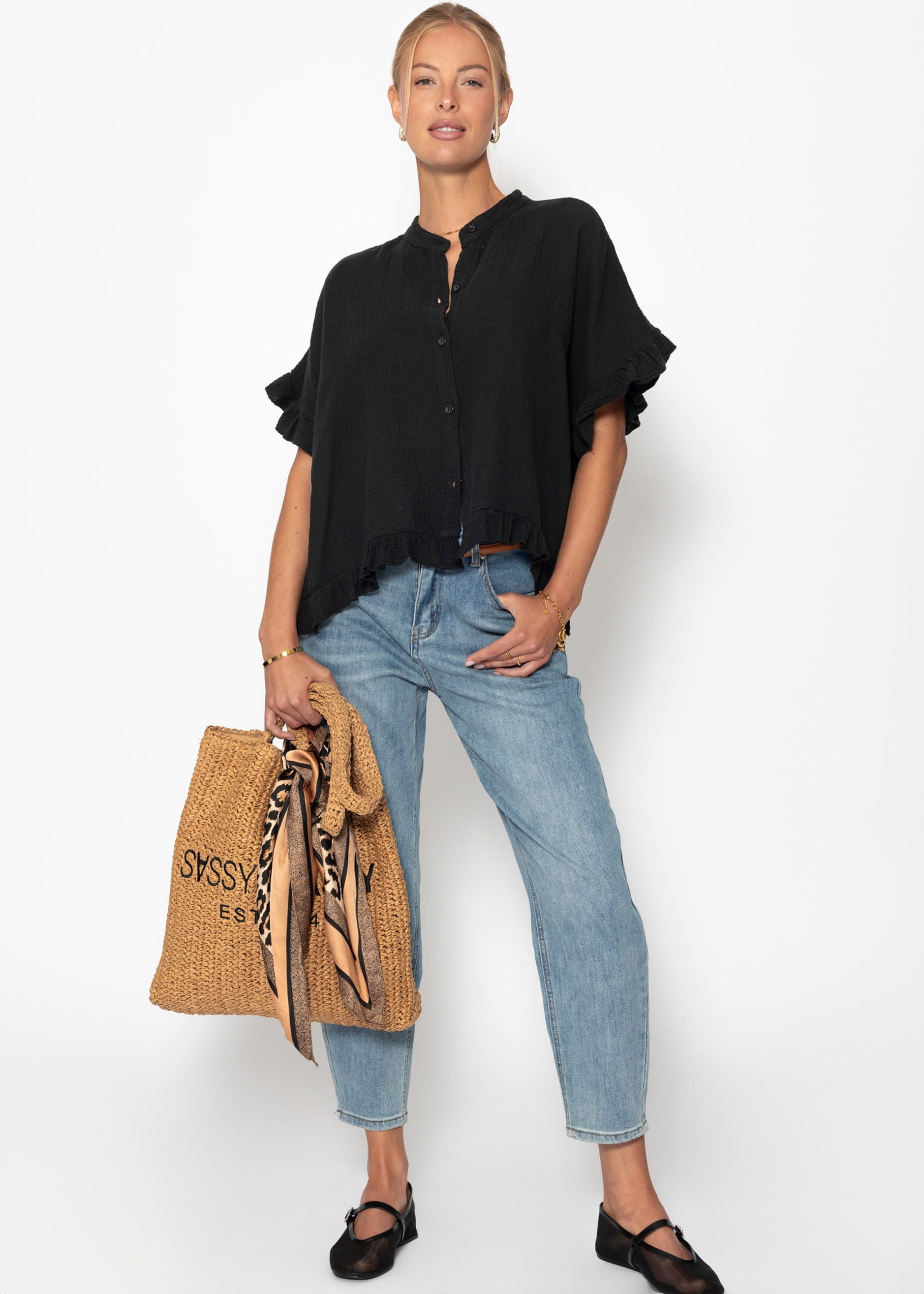 SASSYCLASSY Kurzarmbluse Oversize Musselin Hemdbluse Damen günstig online kaufen