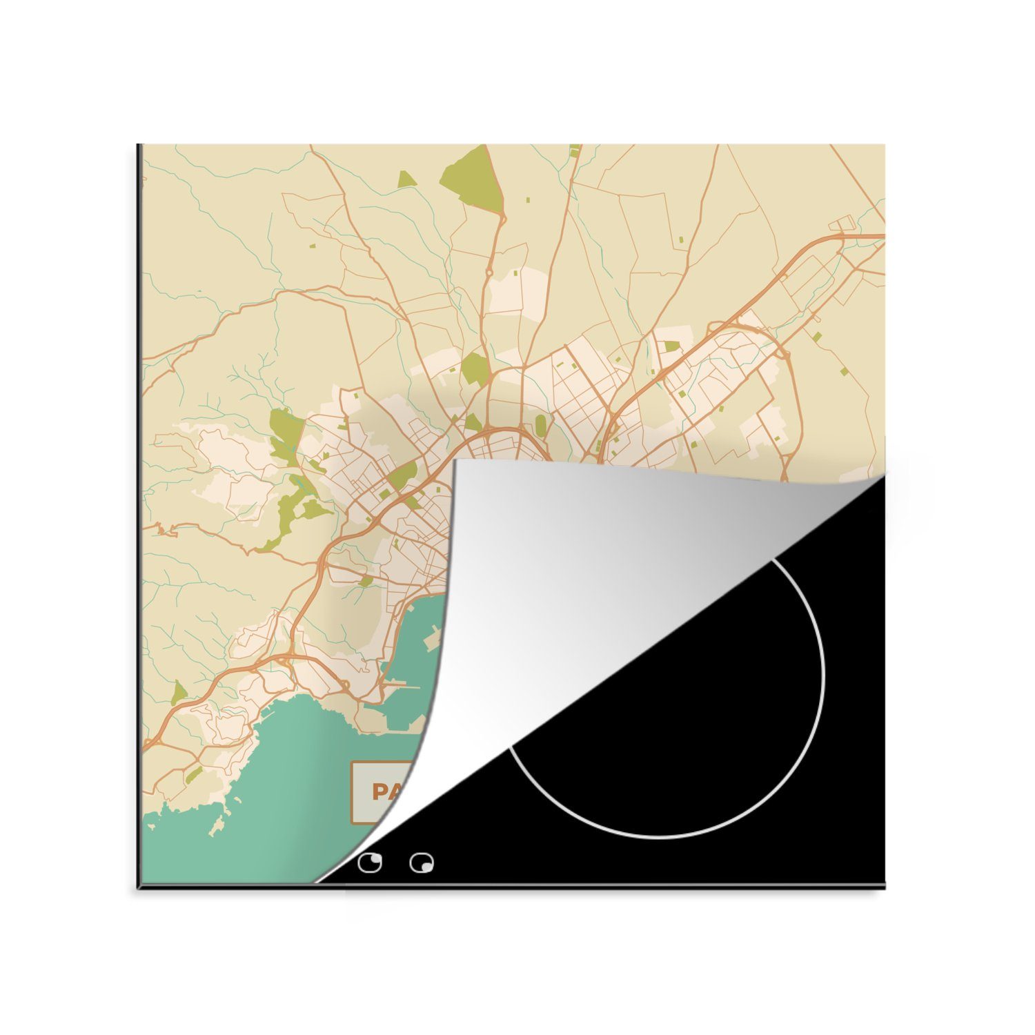 MuchoWow Herdblende-/Abdeckplatte Mallorca - Stadtplan - Vintage - Karte, Vinyl, (1 tlg), 78x78 cm, Ceranfeldabdeckung, Arbeitsplatte für küche | Herdabdeckplatten
