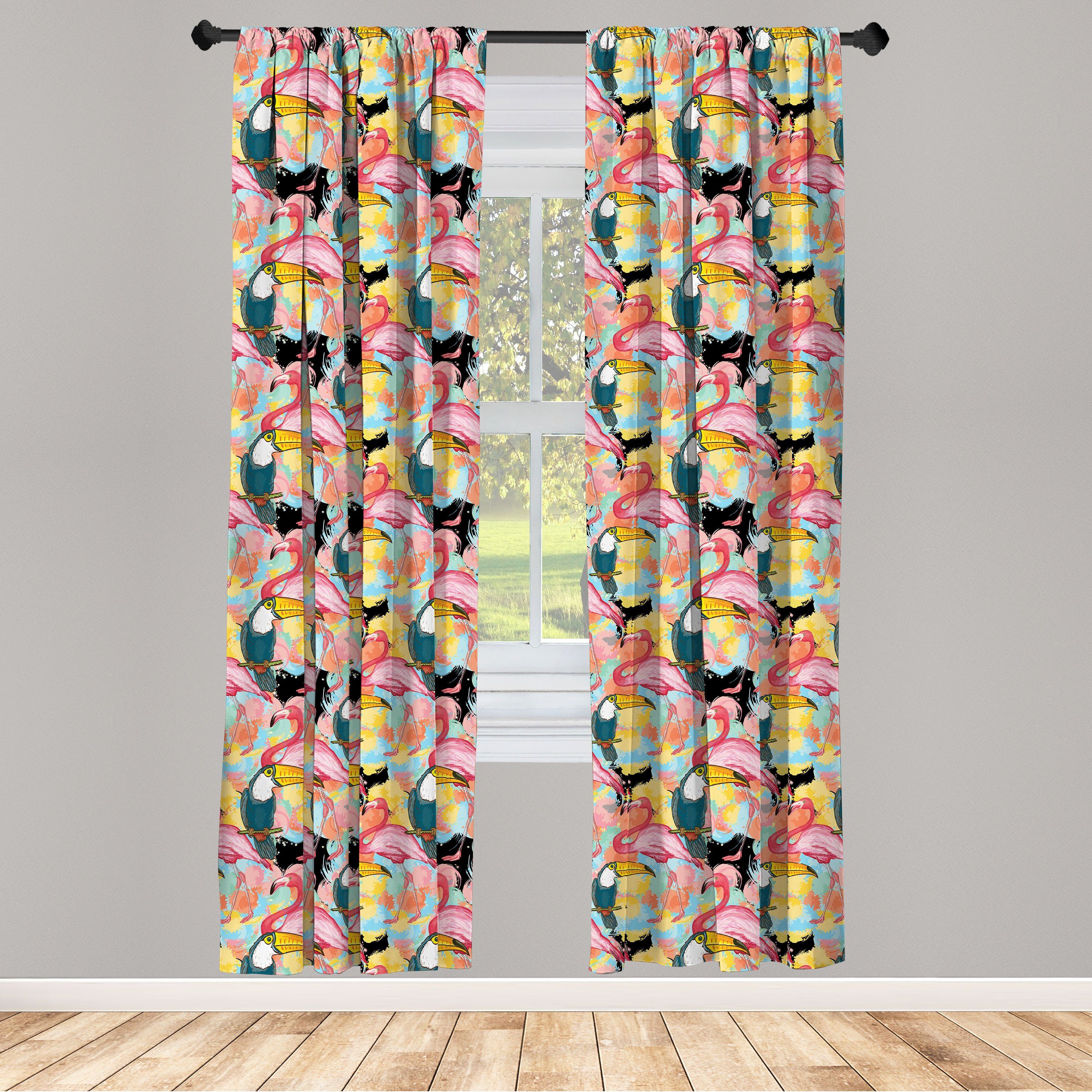 Gardine Vorhang für Wohnzimmer Schlafzimmer Dekor, Abakuhaus, Microfaser, Tropisch Toucan Papageien Flamingos
