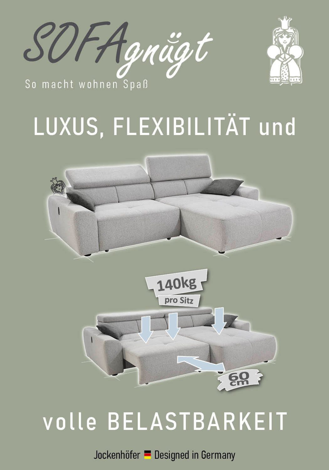 Jockenhöfer Gruppe Ecksofa Unos L-Form, B: 299 cm, mit 60 cm elektr. Sitztiefenverstellung, 140kg Belastbarkeit, USB-Anschluss, Kopfteilverstellung & Zierkissen