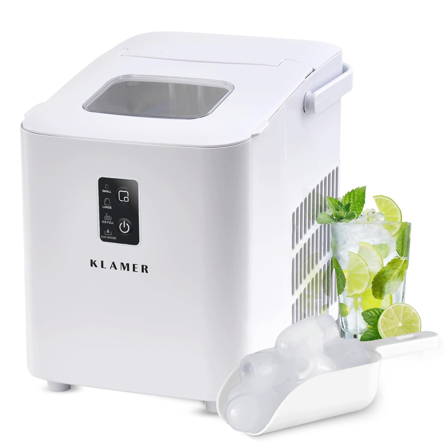 KLAMER Eiswürfelmaschine 8 Eiswürfel in 8 Minuten, 11 kg Eiswürfel pro Tag, 2 Eiswürfelgrößen,…, 120W, 1L Wassertank, Signallampe, mit Eisschaufel, Tragegriff