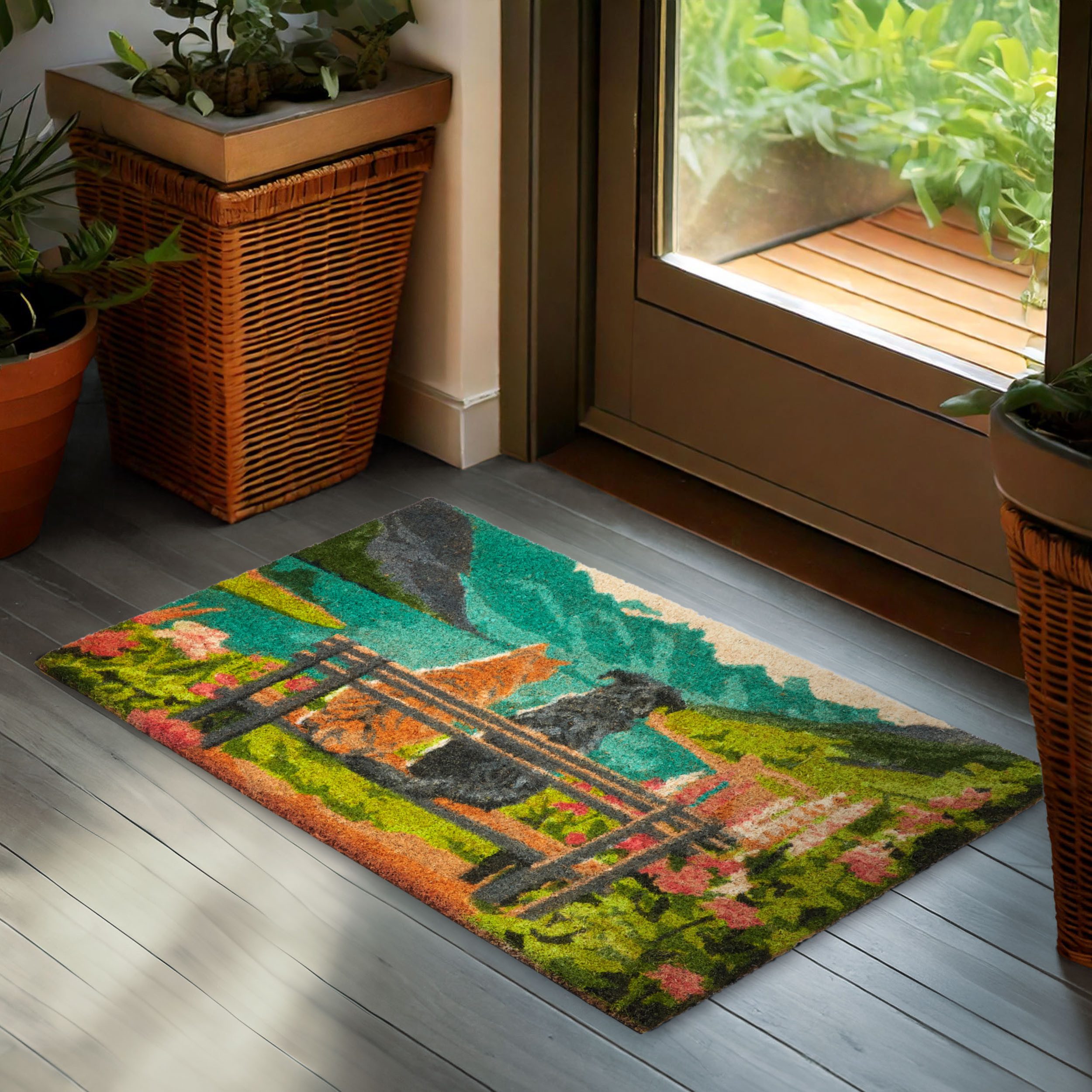 BRUBAKER Fußmatte Hund und Katze auf Bank vor Bergsee mit Blumen - Schmutzfangmatte, Rechteckig, Höhe: 15 mm, Fußmatte für Außen und Innen - Wetterfest und Rutschfest - 45 x 75 cm