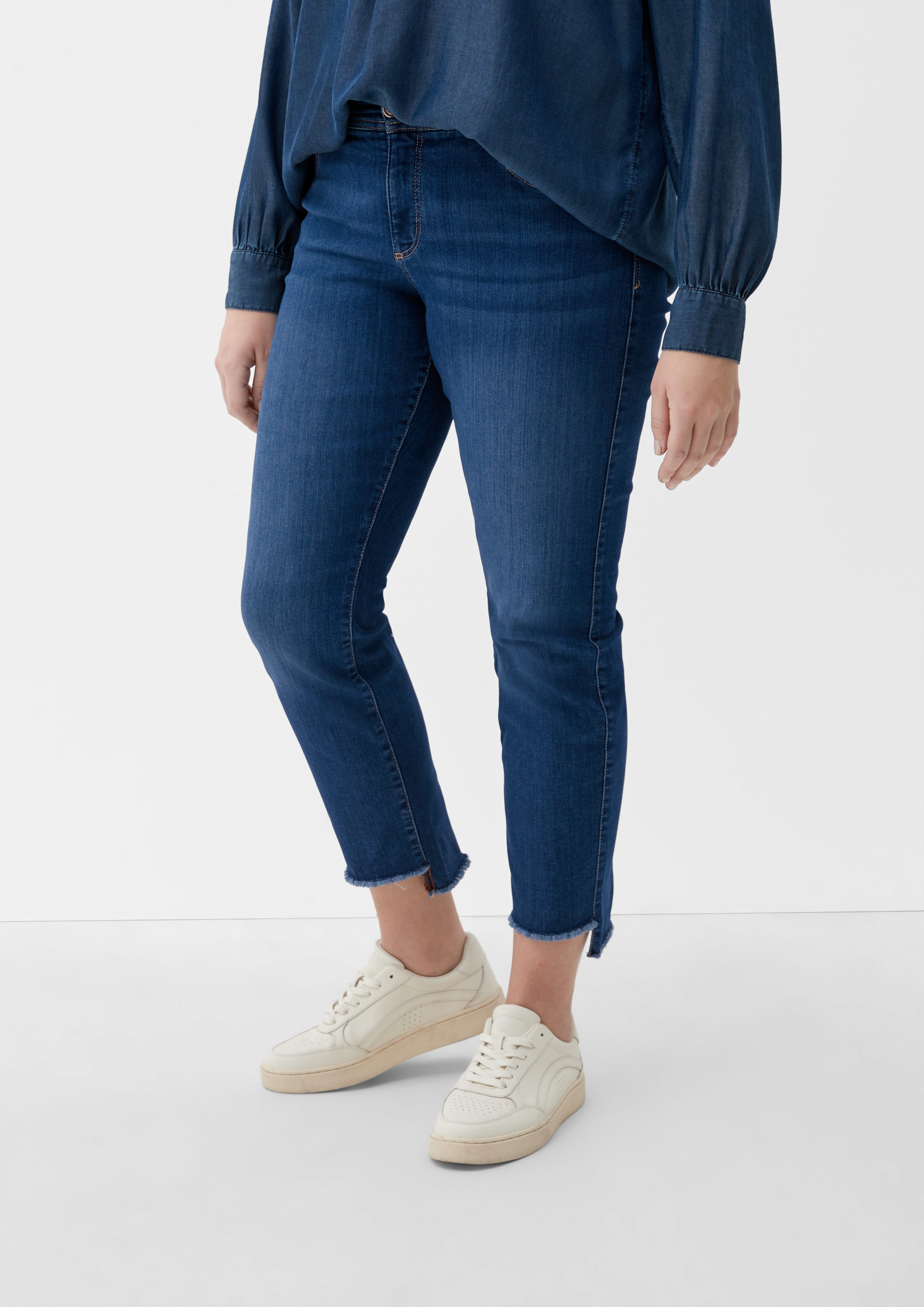 TRIANGLE Stoffhose Jeans / Slim Fit / Mid Rise / Slim Leg Waschung, Stickerei, Fransen dunkelblau
