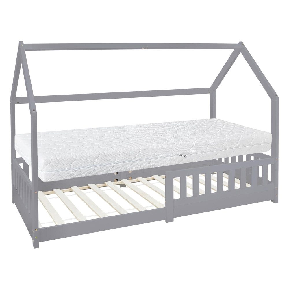 ML-DESIGN Spielbett Hausbett Kinderbett inkl. Lattenrost kreativ Bodenbett für Kinder, Abenteuerbett mit Rausfallschutz Kiefer Hellgrau Himmelbett Bettenhaus