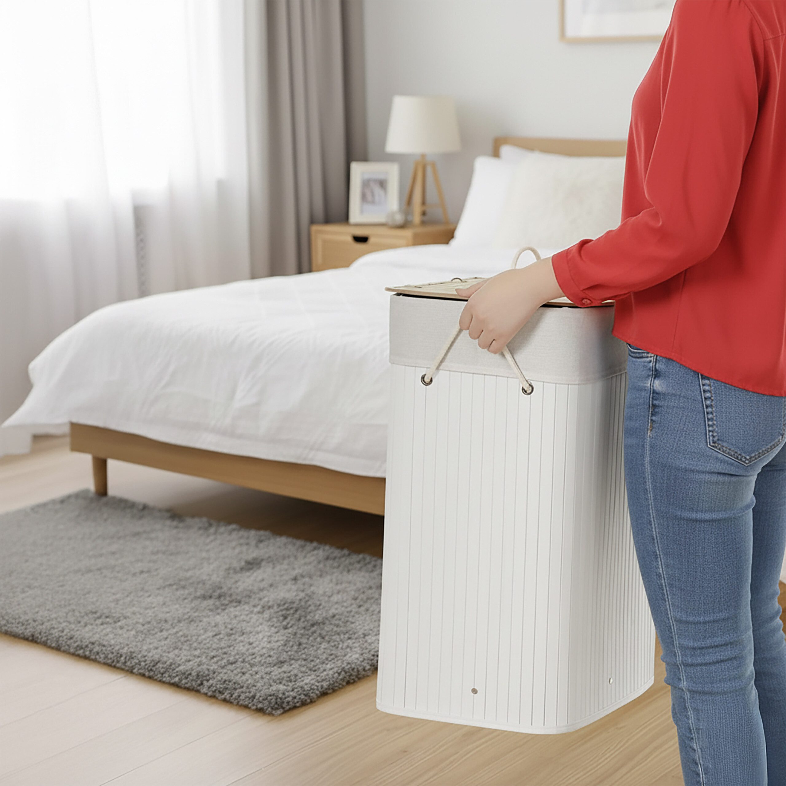 relaxdays Wäschekorb Bambus Wäschekorb mit Deckel, weiß günstig online kaufen