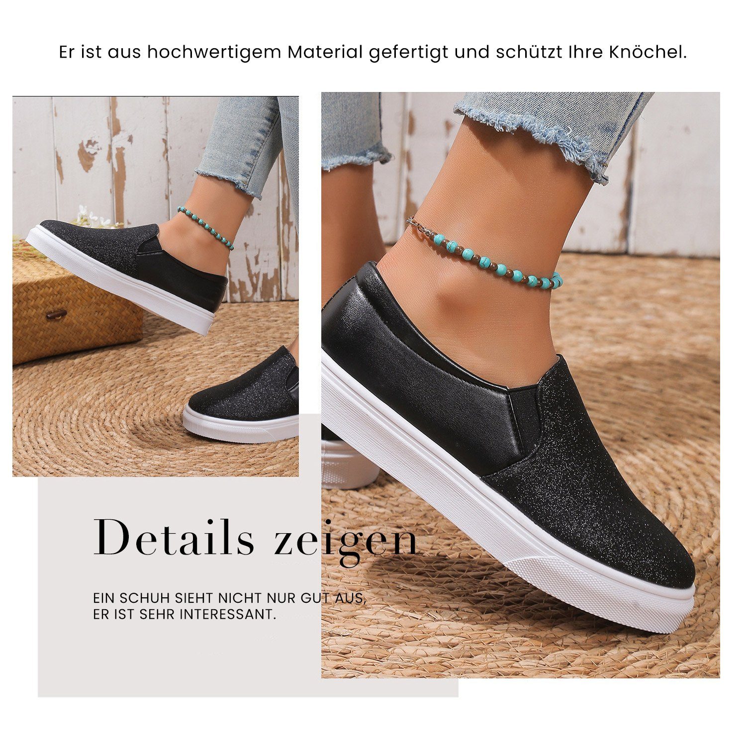 Daisred Damen Sneaker Loafer Glitzer Plattform Slip-On Tennisschuhe Schwarz