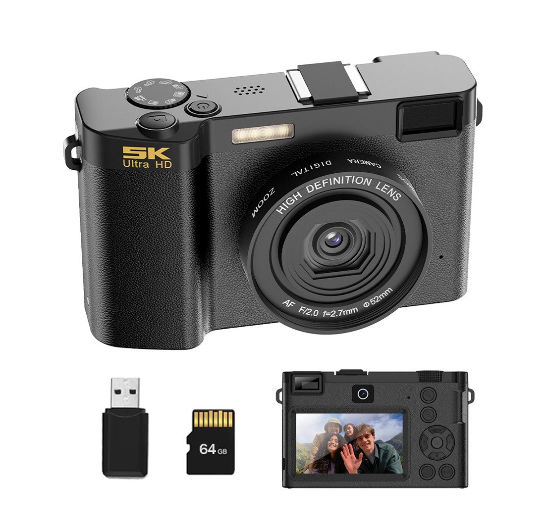 Tekoo Digitalkamera 5K 64MP, Vlogging Kamera, inkl. 64GB Micro-SD, Schwarz Kompaktkamera (Hinteres Hauptobjektiv, Vorderes Selfie-Objektiv, 64 MP, 1x opt. Zoom, WLAN (WiFi), inkl. Inklusive 64GB Micro-SD-Karte, USB-C Kabel und Kartenleser, WiFi-Konnektivität mit App-Steuerung)
