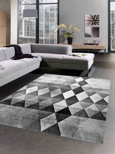 Teppich Moderner Teppich Wohnzimmerteppich Kurzflor Teppich Rauten grau weiß, Carpetia, rechteckig, Höhe: 13 mm