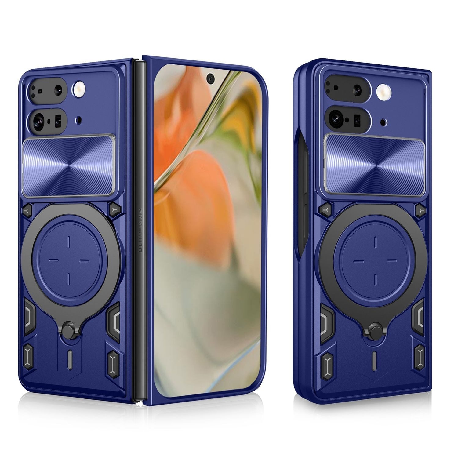 Wigento Handyhülle Für Google Pixel 9 Pro Fold Sliding Kamera Hybrid Ring Hülle Case Blau, CD Texture, Schiebekameraabdeckung, Magnetischer Halter