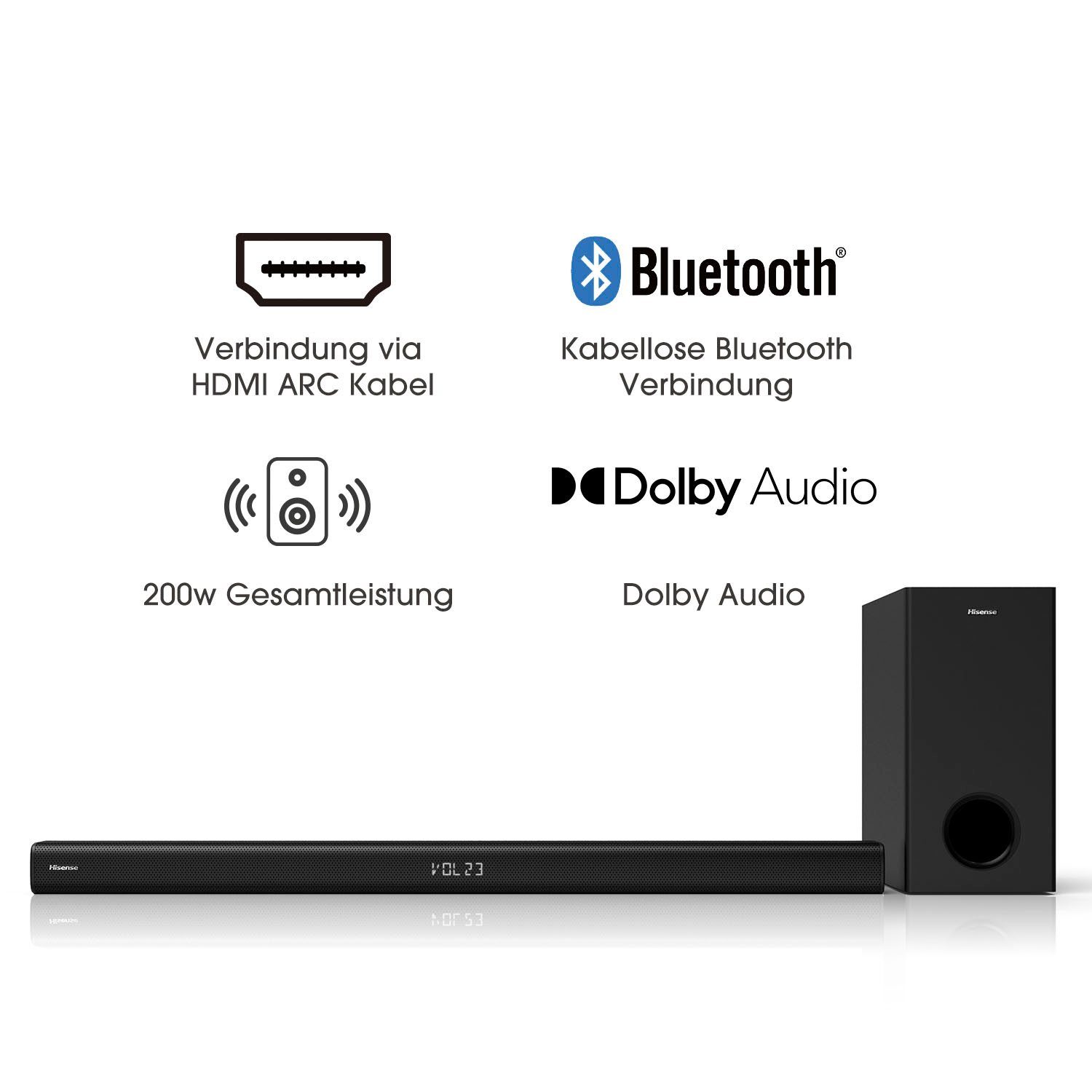 W, (Bluetooth, 200W, System, Soundbar Home Hisense 2.1 HS218 Subwoofer) 200 Theater